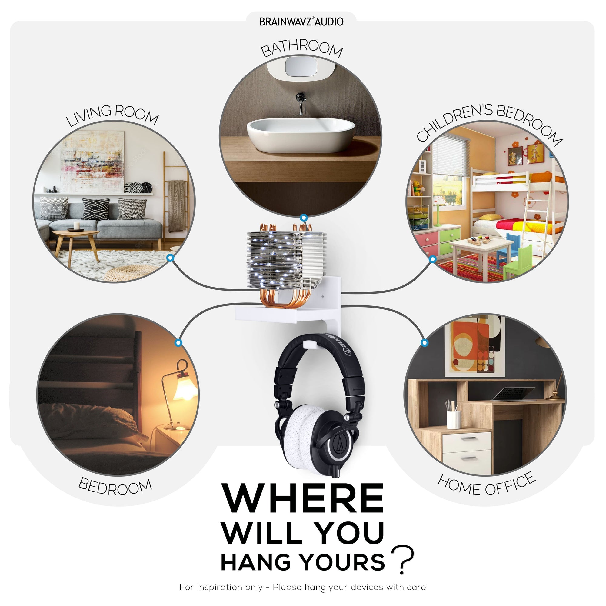 رف عائم صغير 5 بوصات مع شماعات سماعة رأس ، لاصق ومسمار ، لمكبرات الصوت التي تعمل بالبلوتوث ، والكاميرات ، والنباتات ، والألعاب والمزيد ، سهل التركيب (SF2105-HP ، أبيض)