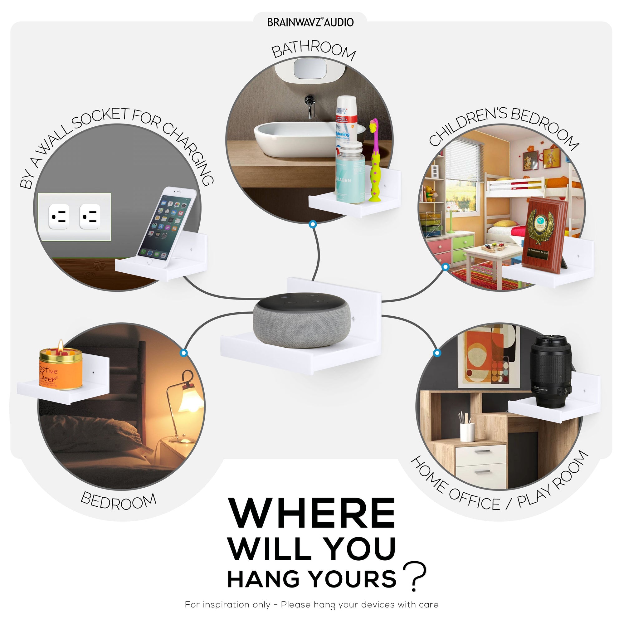 رف عائم صغير 5 بوصات ، لاصق ومسمار ، لمكبرات الصوت التي تعمل بالبلوتوث ، والكاميرات ، والنباتات ، والألعاب ، والكتب والمزيد ، أرفف سهلة التركيب (SHELF SF2105 ، أبيض)