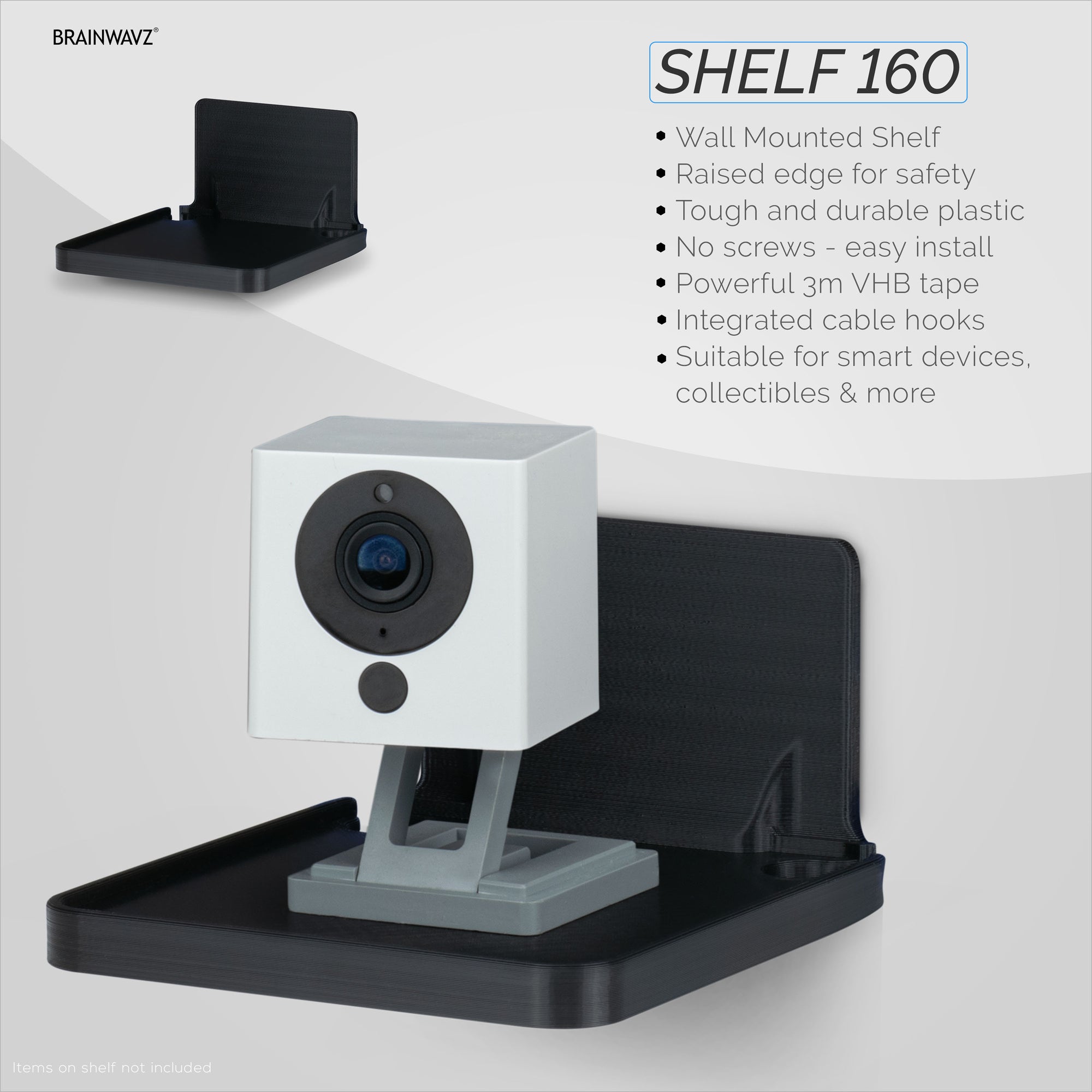 Adhesive Floating Small Shelf (160) Wall Mounted with Cable Management - Easy To Install, No Mess