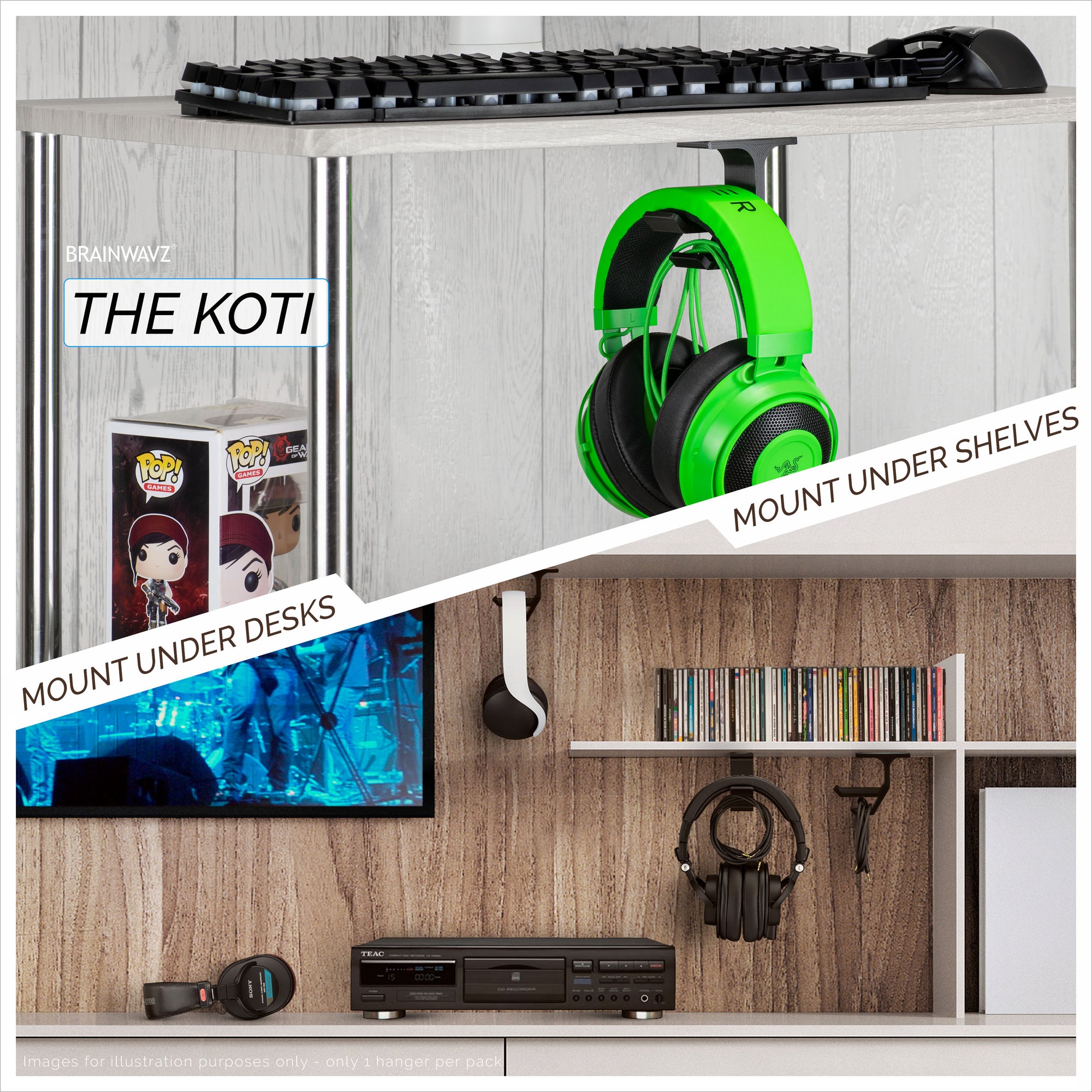 Koti - Under Desk Headphone Hanger Holder With Cable Storage