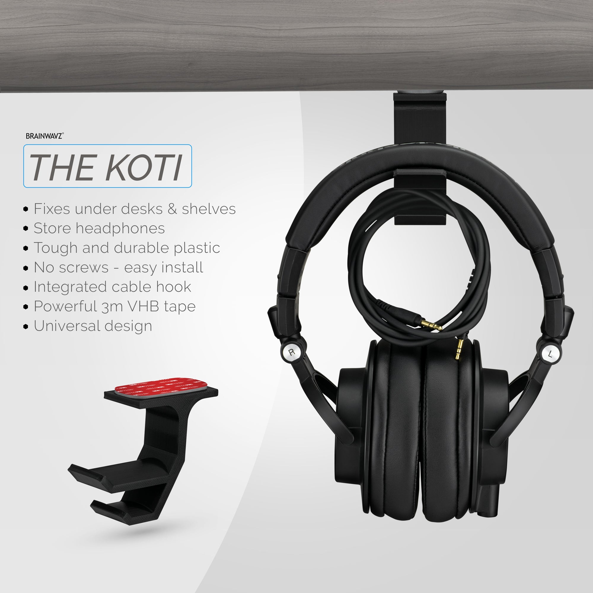 Koti - Under Desk Headphone Hanger Holder With Cable Storage