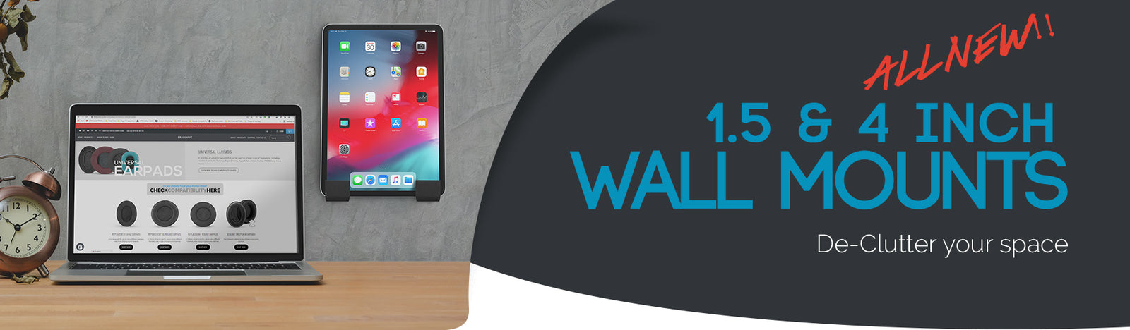 Header showing apple laptop and iPad pro using the Brainwavz wall organizers