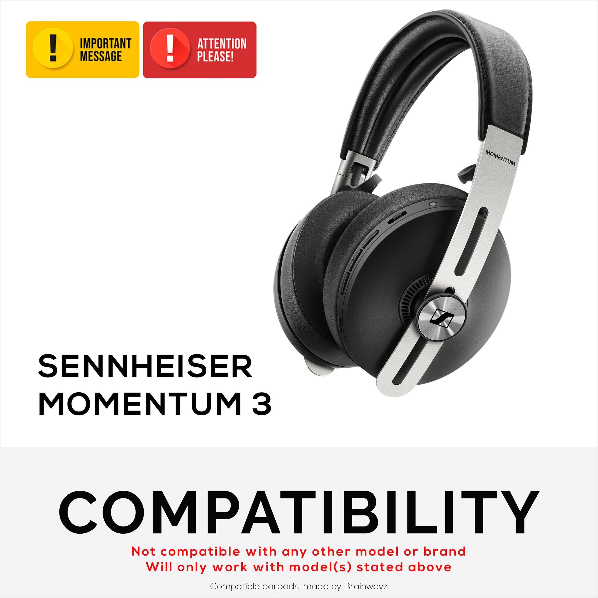 Replacement Earpads for Sennheiser Momentum 3 Headphones - Soft Real Leather + Memory Foam for Extra Comfort