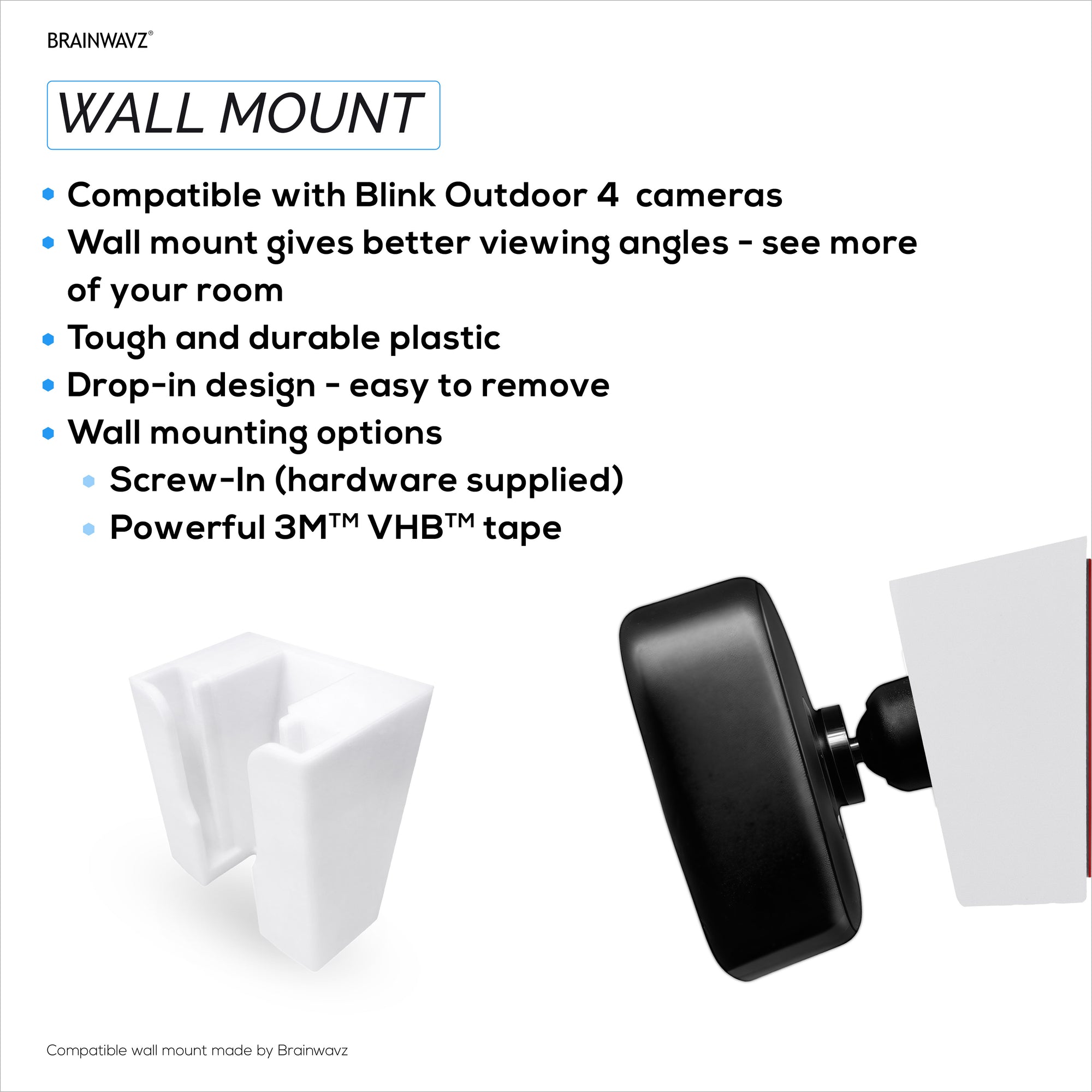 حامل تثبيت الكاميرا الخارجي Blink Outdoor 4 على الحائط - حامل كاميرا آمن مع خيار التثبيت بشريط VHB أو البراغي، تصميم سهل الانزلاق، بزاوية لتحسين الرؤية