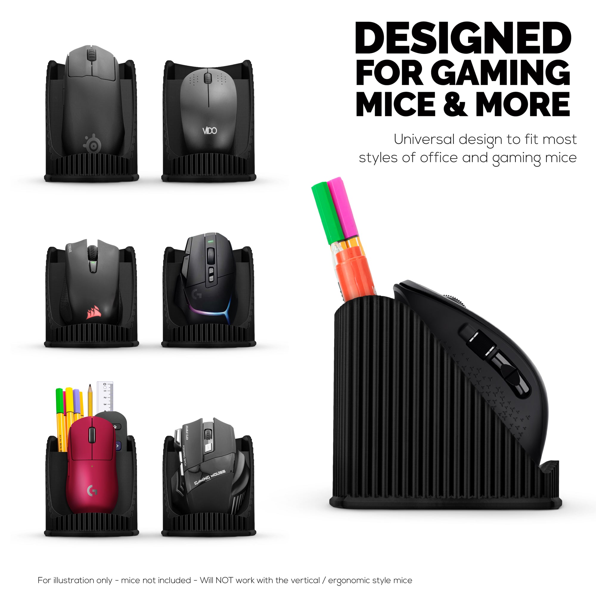 Desktop PC Mouse Stand Holder with Stationary Pen Holder, For Gaming &amp; Office Mice From Logitech, Razer, Corsair &amp; More