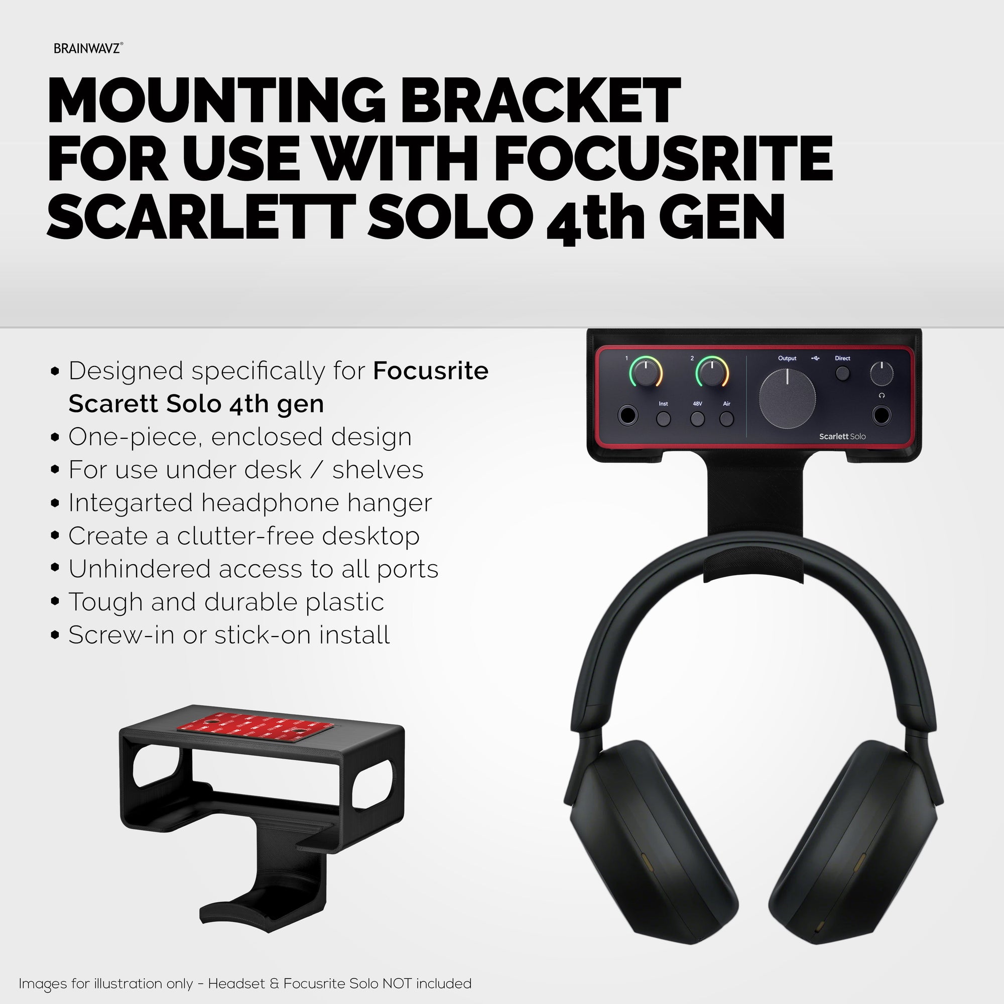 Under Desk Mounting Bracket Headphone Hanger Compatible with Focusrite Scarlett Solo Gen 4 - Space Saving Dock, Easy to Install, Adhesive &amp; Screw-In, Reduce Clutter, Free Desktop Space