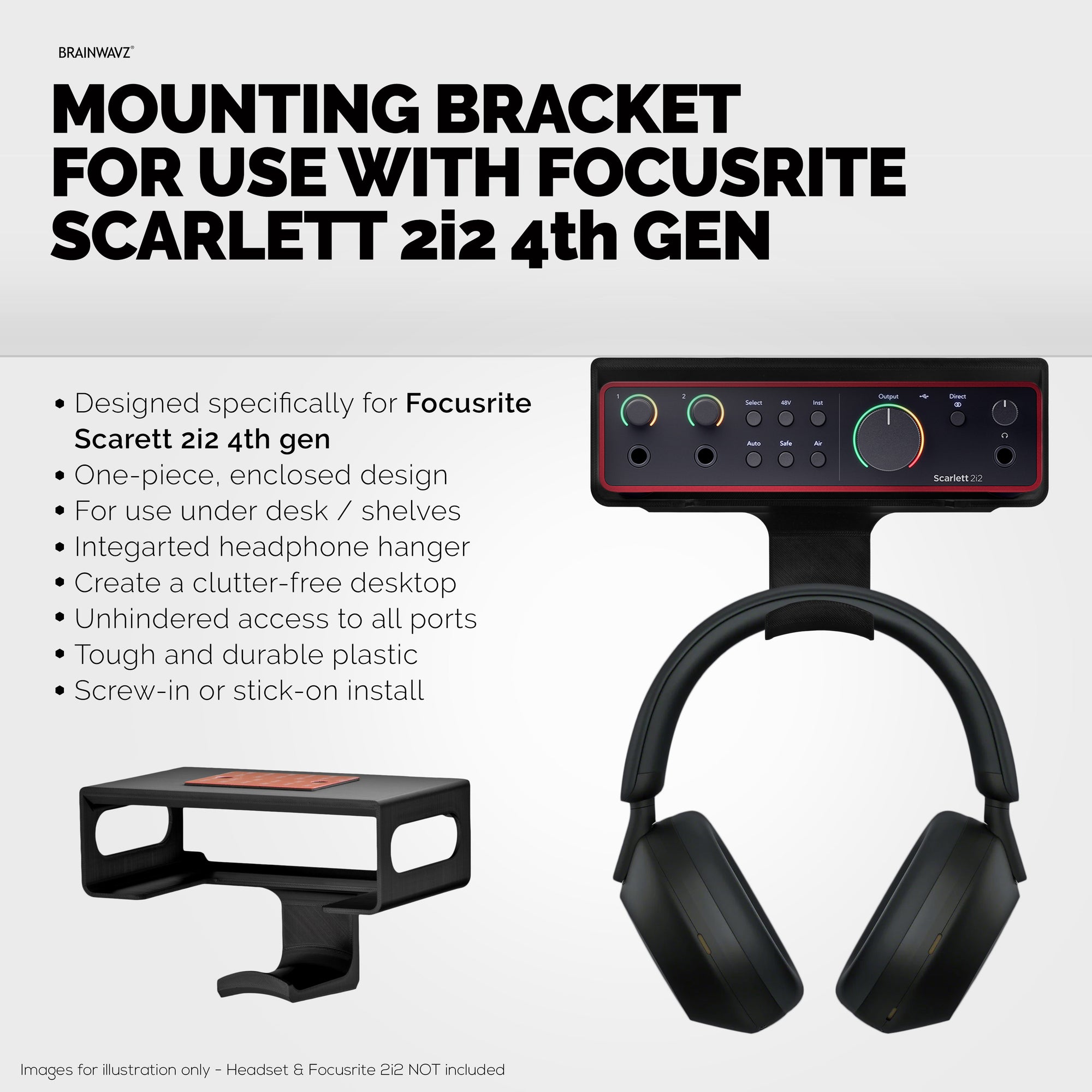 Under Desk Mounting Bracket Headphone Hanger Compatible with Focusrite Scarlett 2i2 Gen 4 - Space Saving Dock, Easy to Install, Adhesive &amp; Screw-In, Reduce Clutter, Free Desktop Space