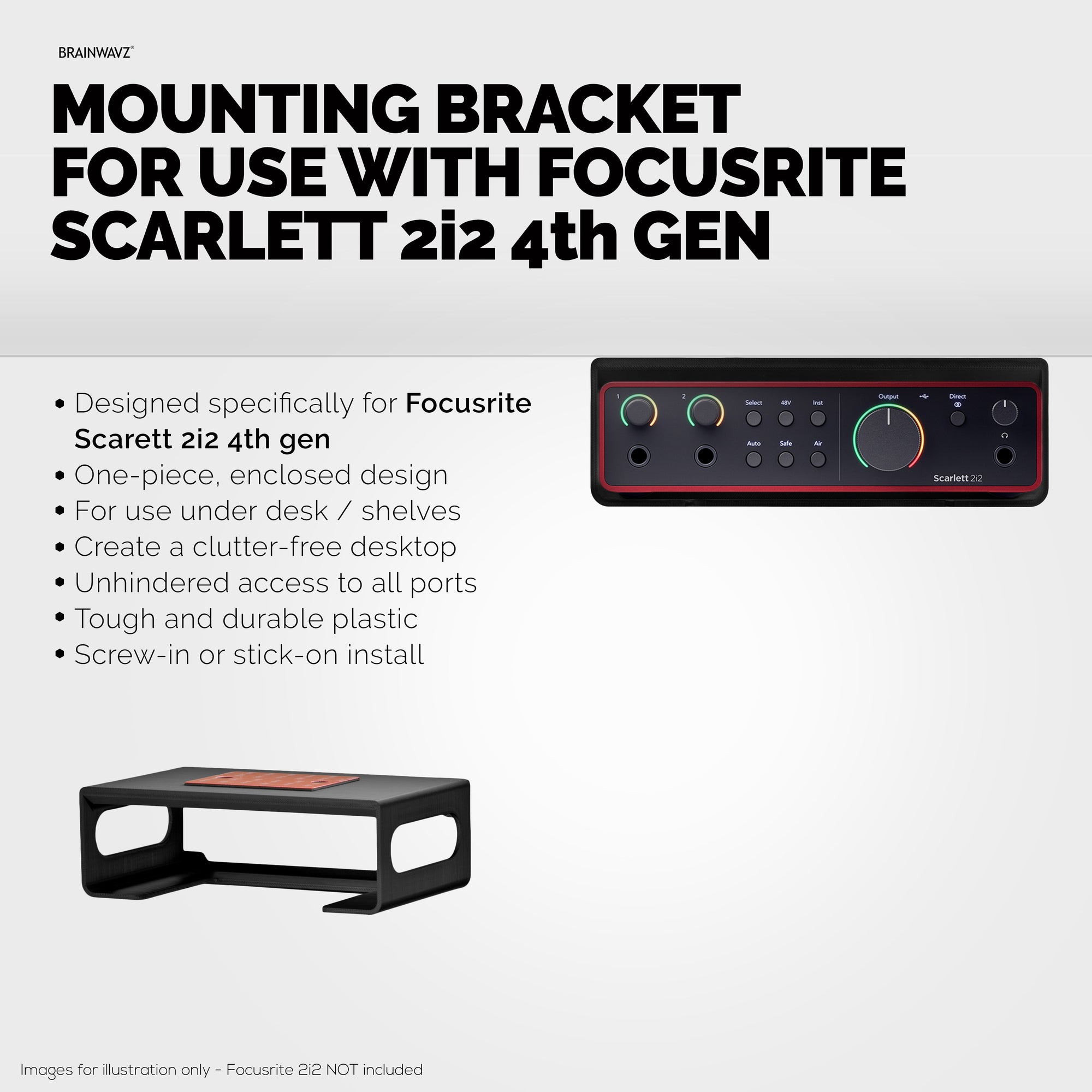 Under Desk Mounting Bracket Compatible with Focusrite Scarlett 2i2 Gen 4 - Space Saving Dock, Easy to Install, Adhesive &amp; Screw-In, Reduce Clutter, Free Desktop Space