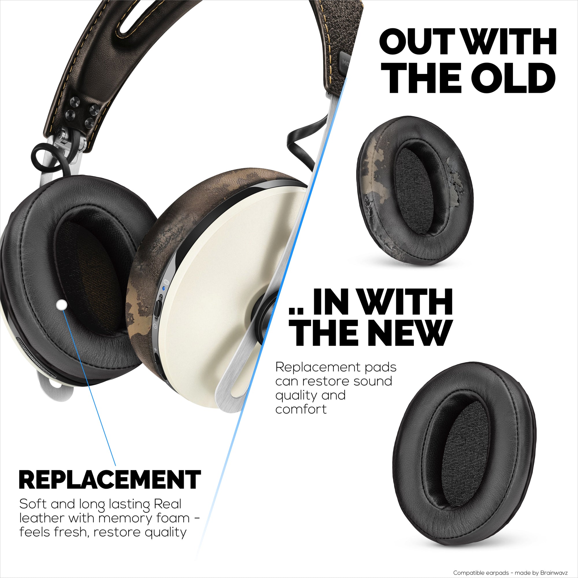 Replacement Earpads for Sennheiser Momentum 2 Headphones - Soft Real Leather + Memory Foam for Extra Comfort