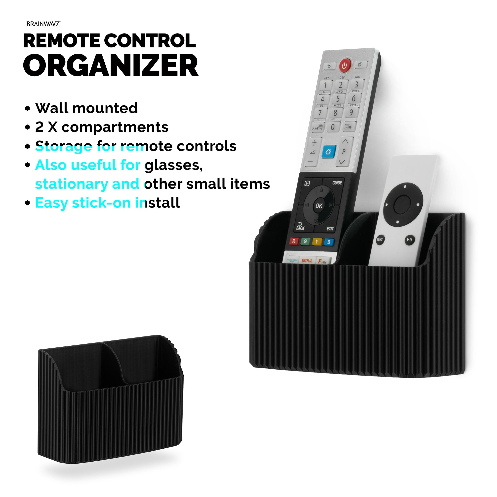 Adhesive Remote Control Wall Mount Holder, Stylish Fluted Design, Easy To Install, For TV, Air Con, Lighting Remotes &amp; Storage for Stationary, Pens &amp; More