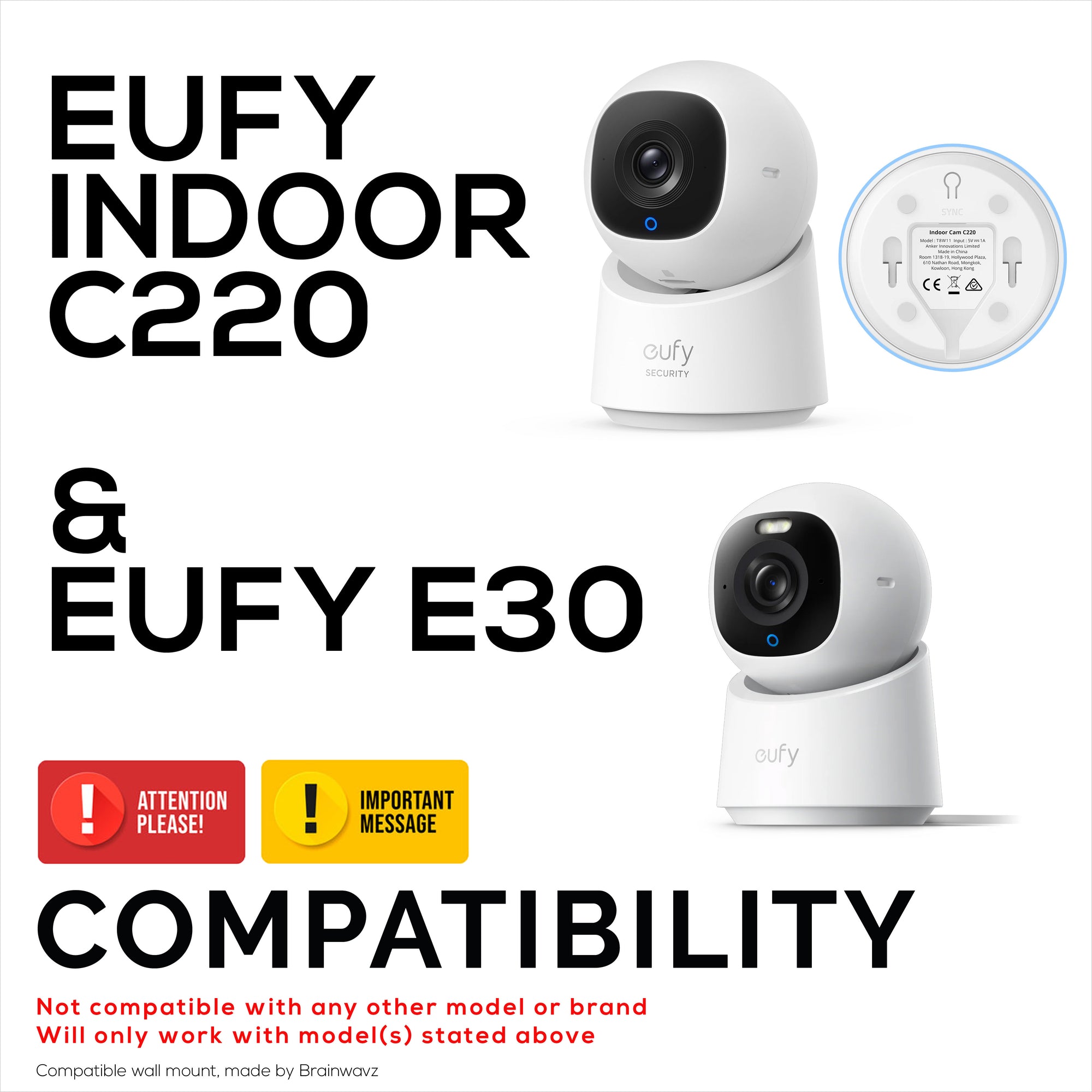 Wall Mount for Eufy Indoor C220 &amp; E30 Security Cameras – Easy Install Custom Fit Bracket with 3M VHB Tape &amp; Screws for Secure Mounting