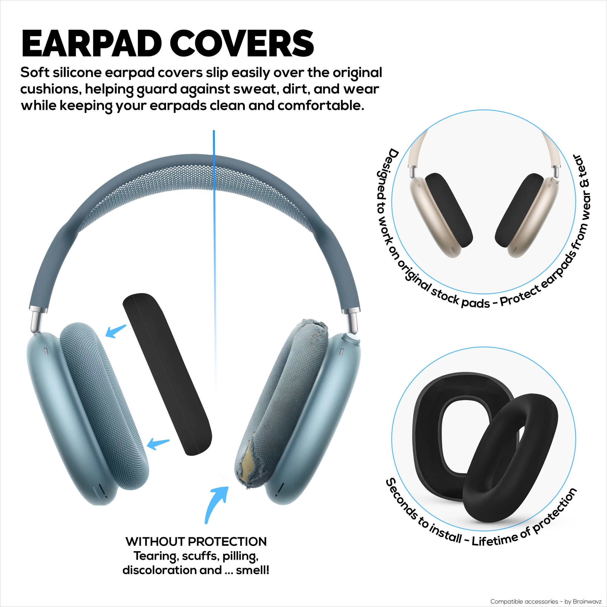 Silicone Protective Earpad Covers for Apple Airpods Max  Headphones – Waterproof, Sweatproof, Dustproof, Non-Slip &amp; Easy to Install