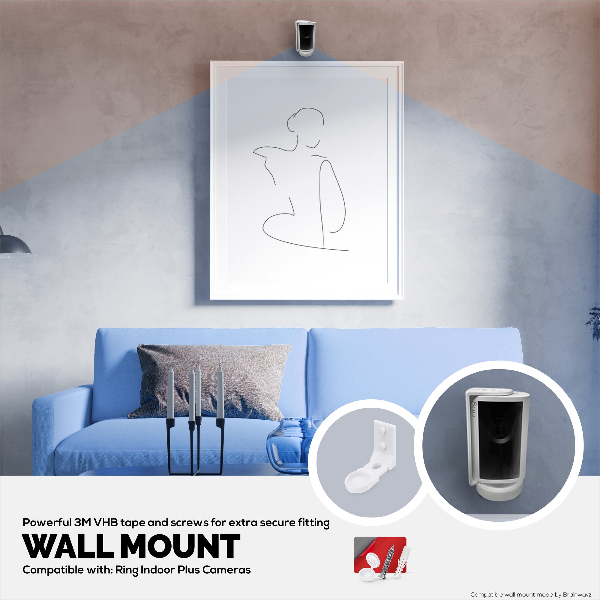 Wall Mount for Ring Indoor Plus Camera – Easy Install Custom Fit Bracket with 3M VHB Tape &amp; Screws for Secure Mounting – Better Viewpoint &amp; Stability