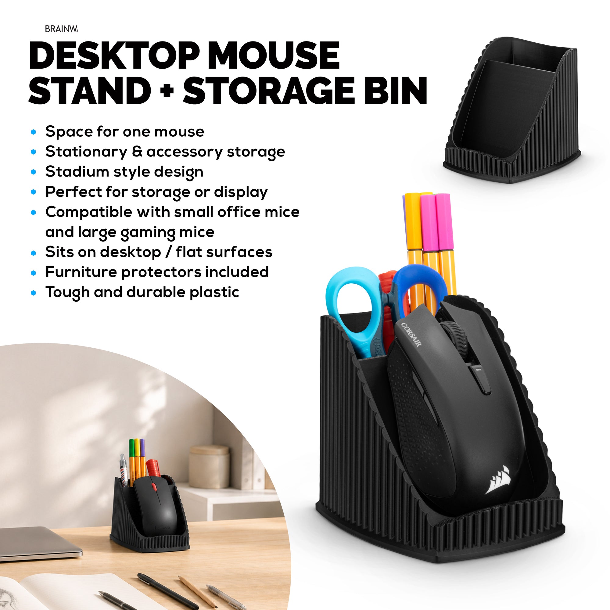 Desktop PC Mouse Stand Holder with Stationary Pen Holder, For Gaming &amp; Office Mice From Logitech, Razer, Corsair &amp; More