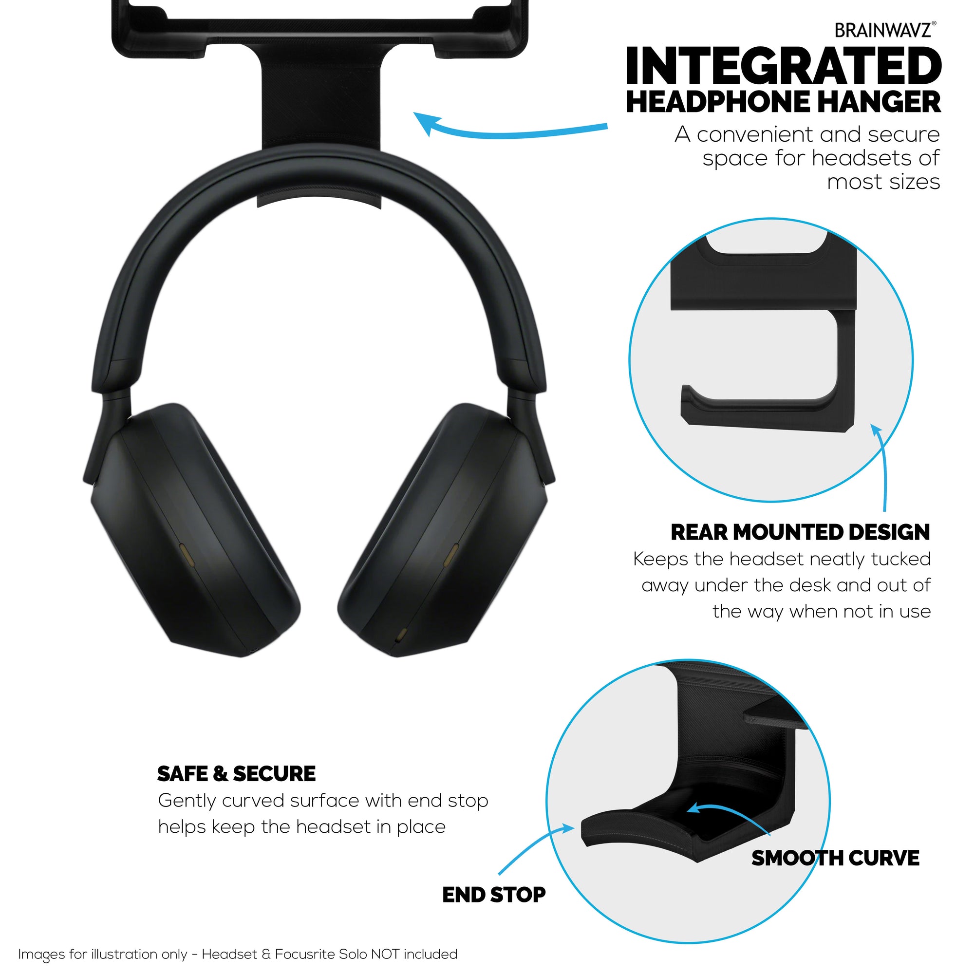 Under Desk Mounting Bracket Headphone Hanger Compatible with Focusrite Scarlett Solo Gen 4 - Space Saving Dock, Easy to Install, Adhesive &amp; Screw-In, Reduce Clutter, Free Desktop Space