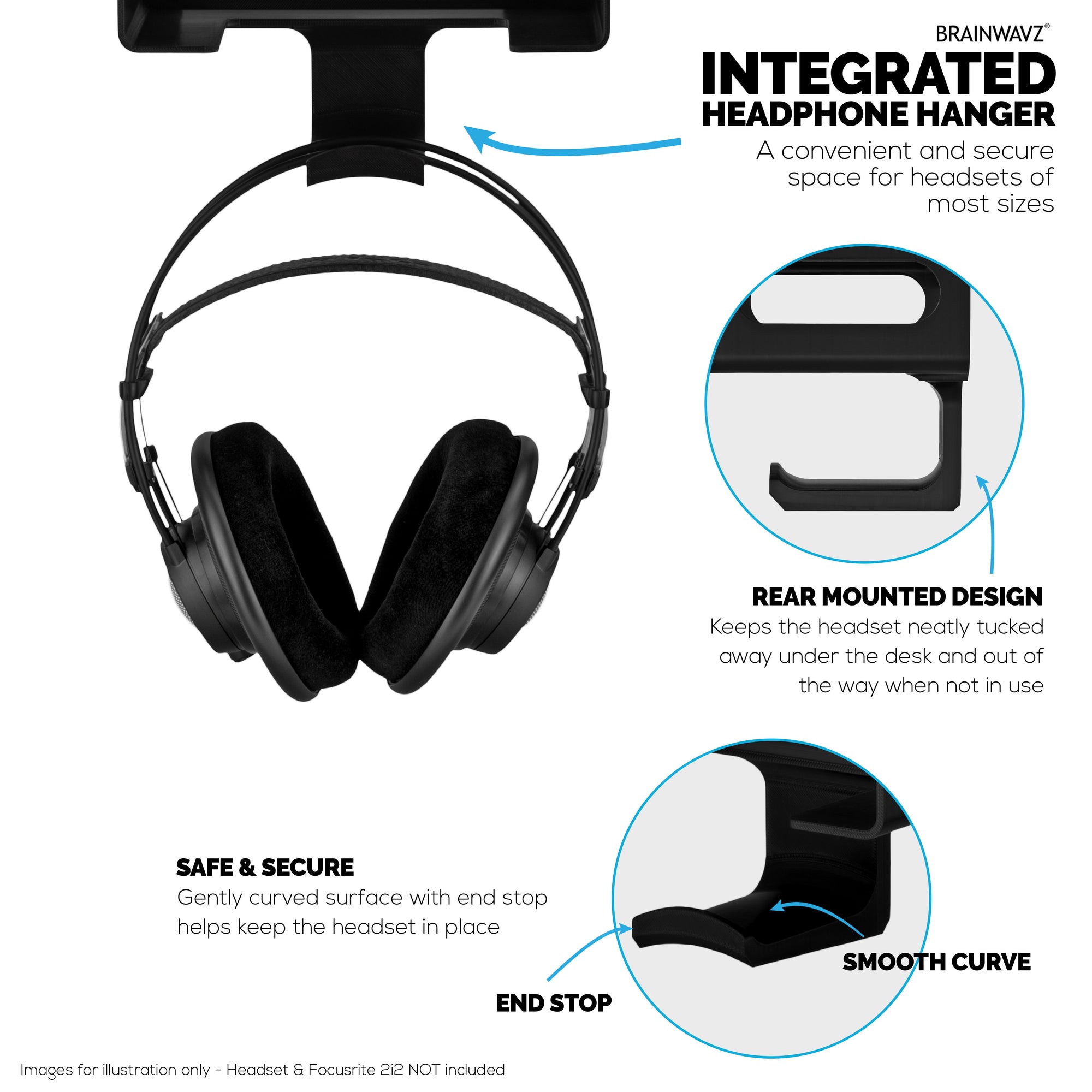 Under Desk Mounting Bracket Headphone Hanger Compatible with Focusrite Scarlett 2i2 Gen 4 - Space Saving Dock, Easy to Install, Adhesive &amp; Screw-In, Reduce Clutter, Free Desktop Space