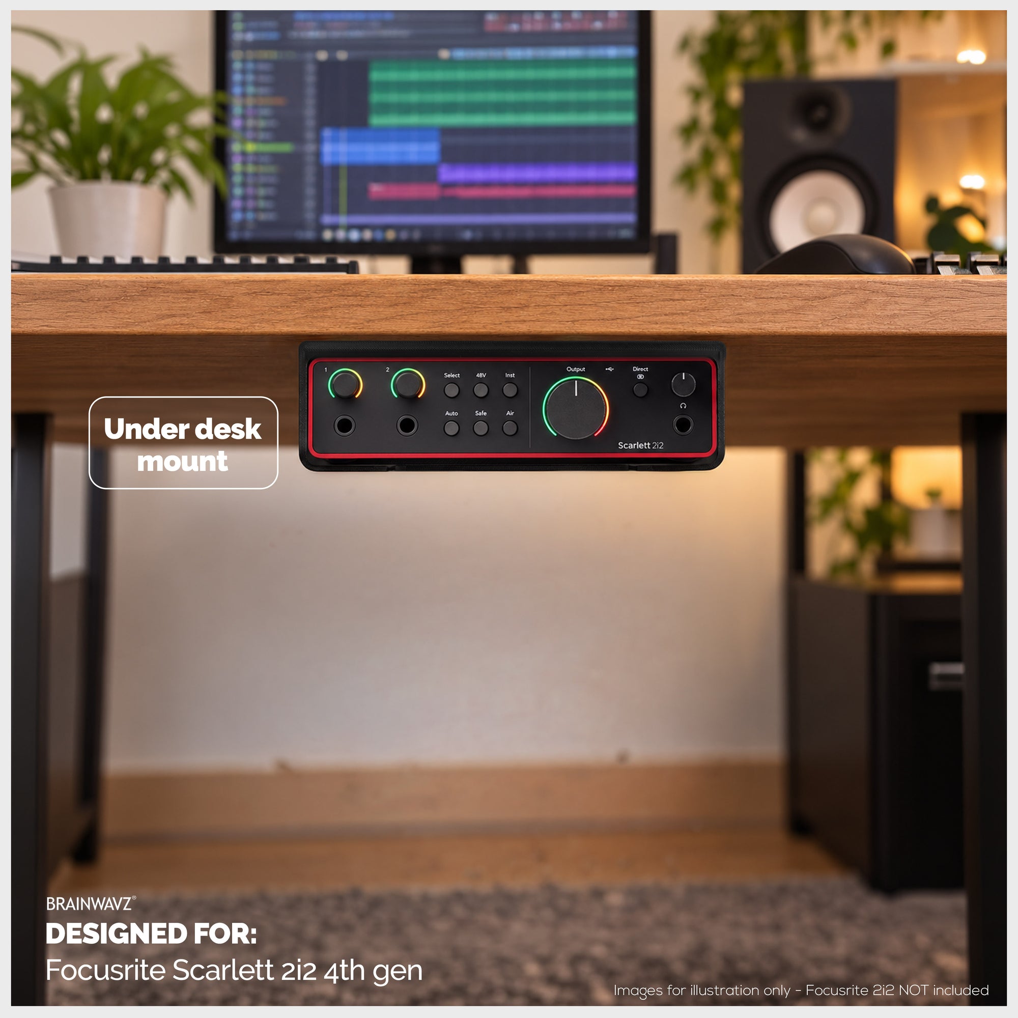 Under Desk Mounting Bracket Compatible with Focusrite Scarlett 2i2 Gen 4 - Space Saving Dock, Easy to Install, Adhesive &amp; Screw-In, Reduce Clutter, Free Desktop Space