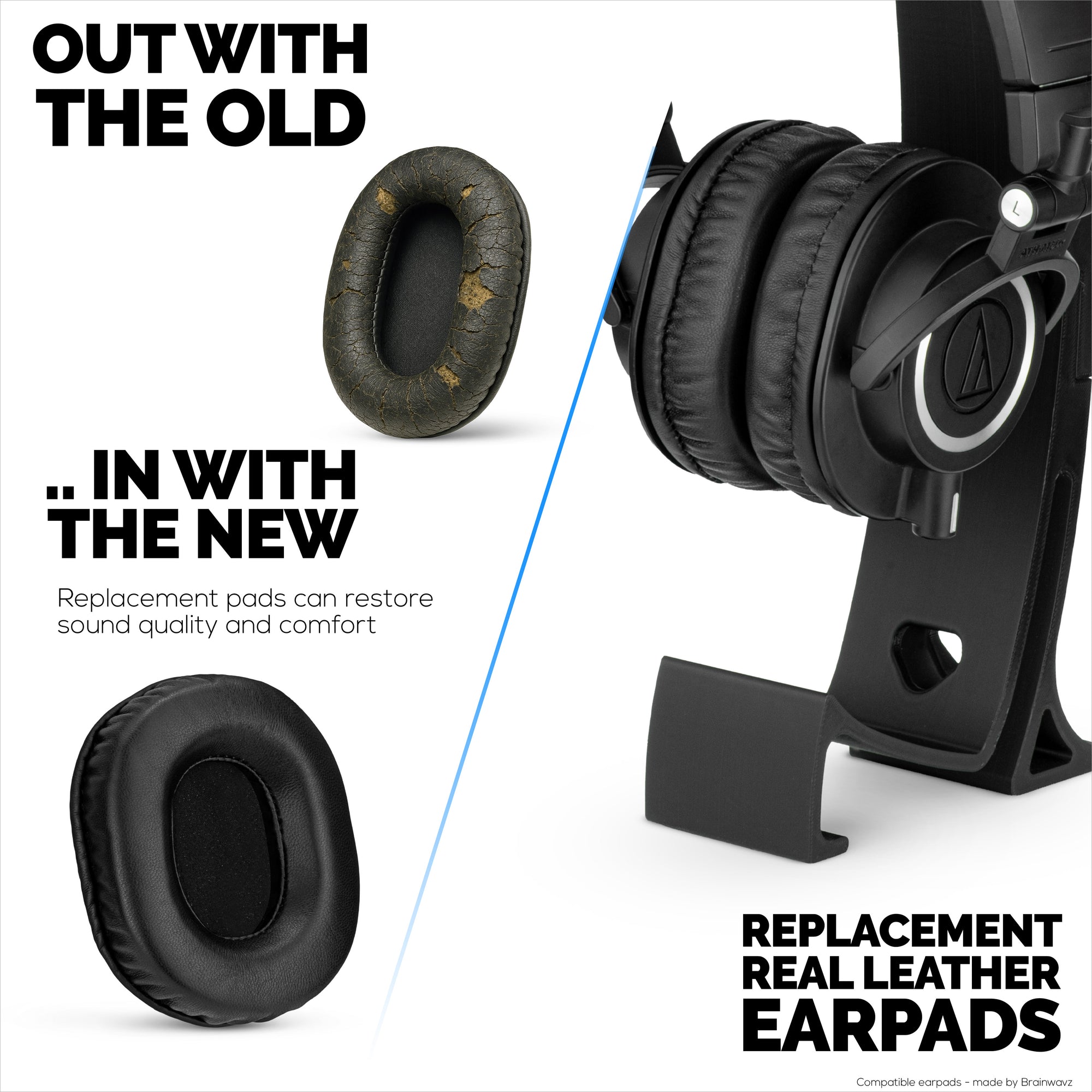 Replacement Sheepskin Earpads for Audio Technica ATH-M50X, M50xBT, M50RD, M40X, M30X, M20X Headsets. Soft Real Leather and Memory Foam