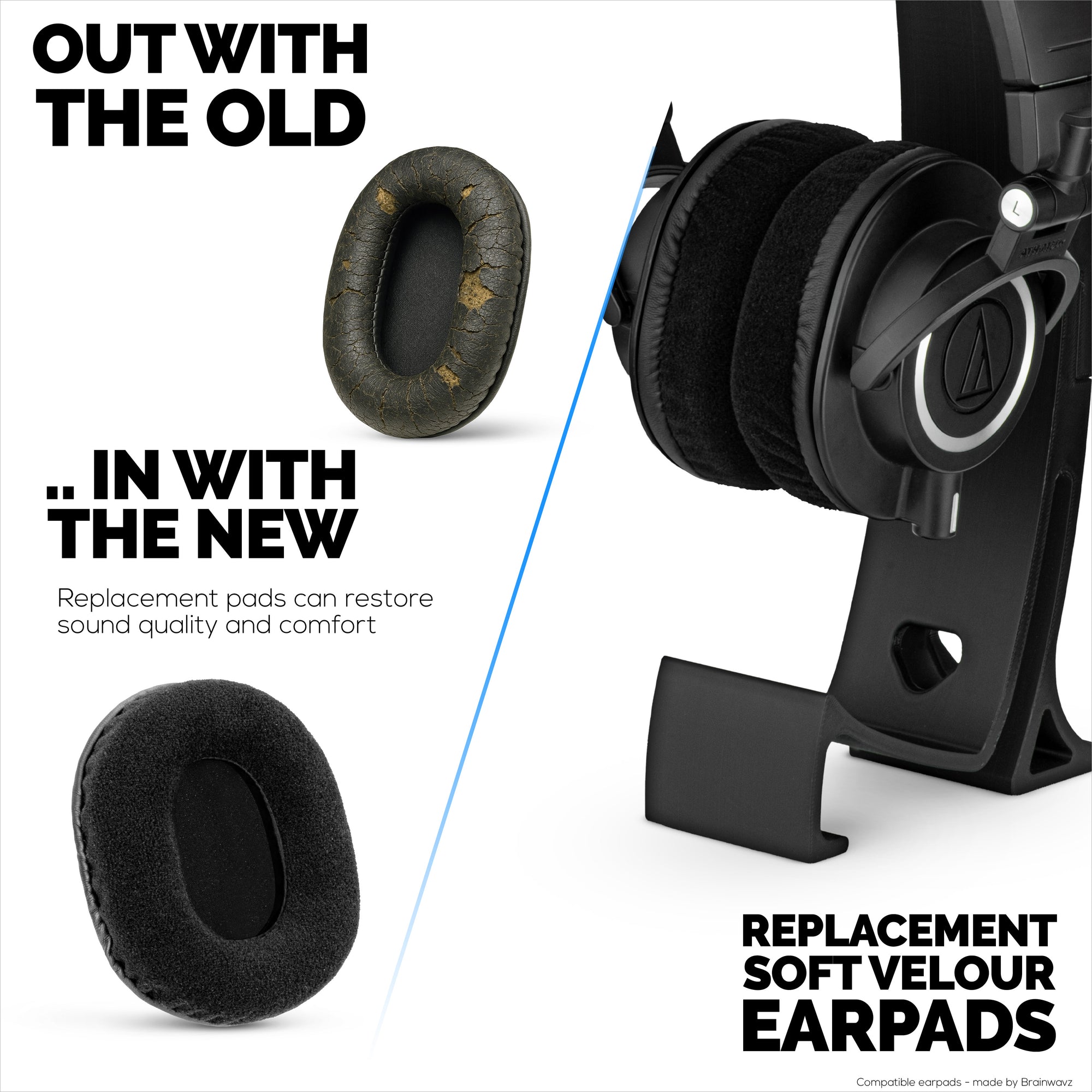 Replacement Velour Earpads for Audio Technica ATH-M50X, M50xBT, M50RD, M40X, M30X, M20X Headsets. Soft Velour &amp; Memory Foam for Extra Comfort