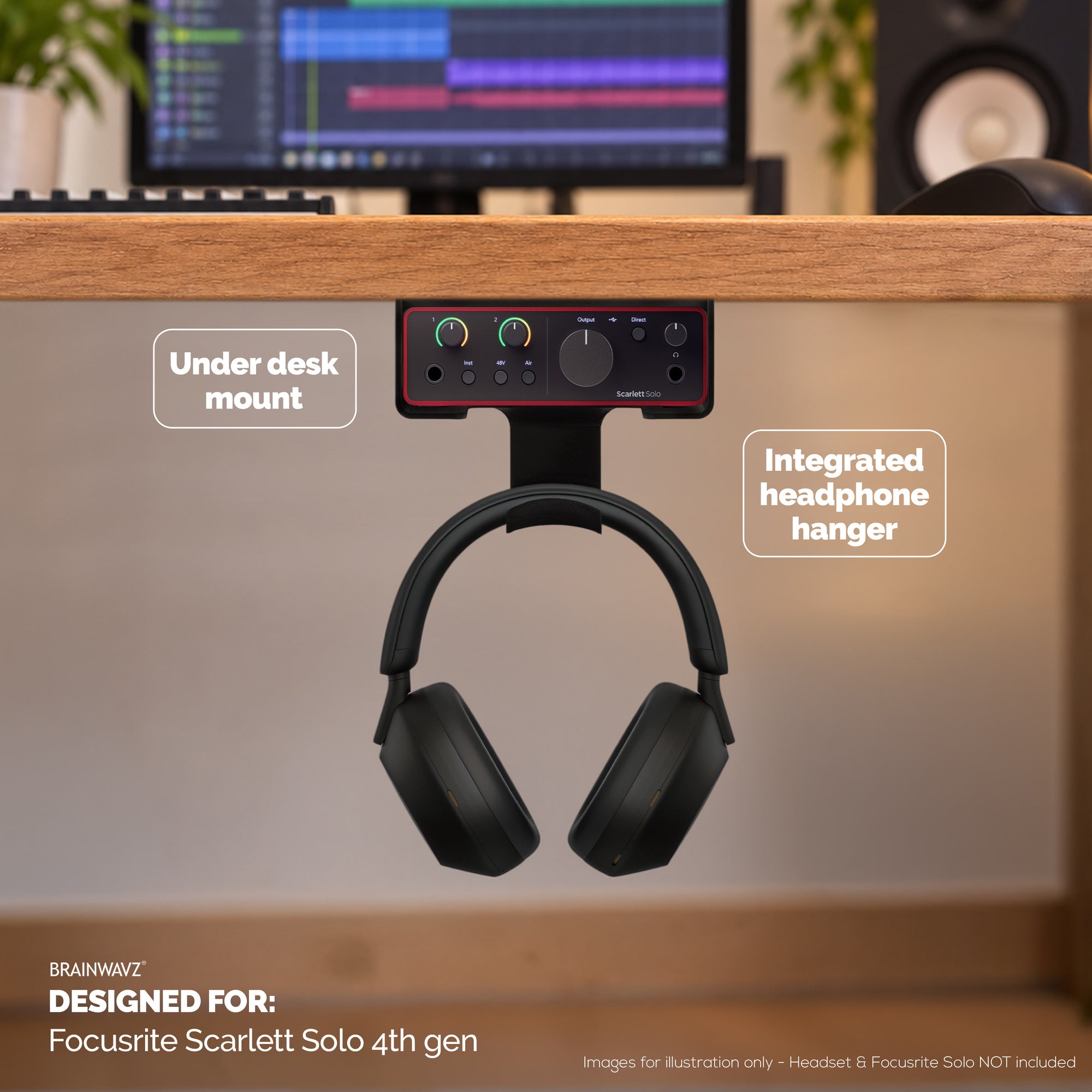 Under Desk Mounting Bracket Headphone Hanger Compatible with Focusrite Scarlett Solo Gen 4 - Space Saving Dock, Easy to Install, Adhesive &amp; Screw-In, Reduce Clutter, Free Desktop Space