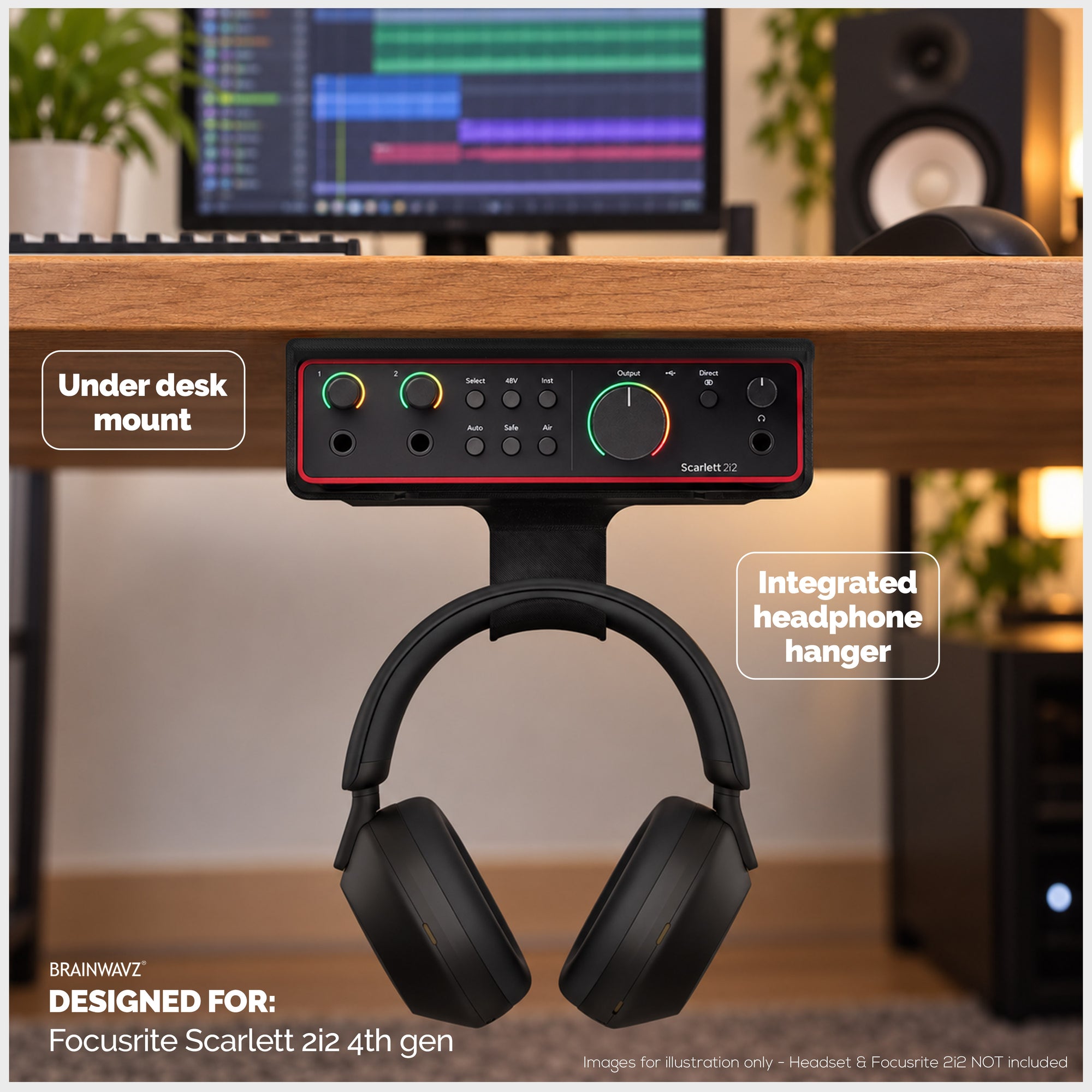 Under Desk Mounting Bracket Headphone Hanger Compatible with Focusrite Scarlett 2i2 Gen 4 - Space Saving Dock, Easy to Install, Adhesive &amp; Screw-In, Reduce Clutter, Free Desktop Space