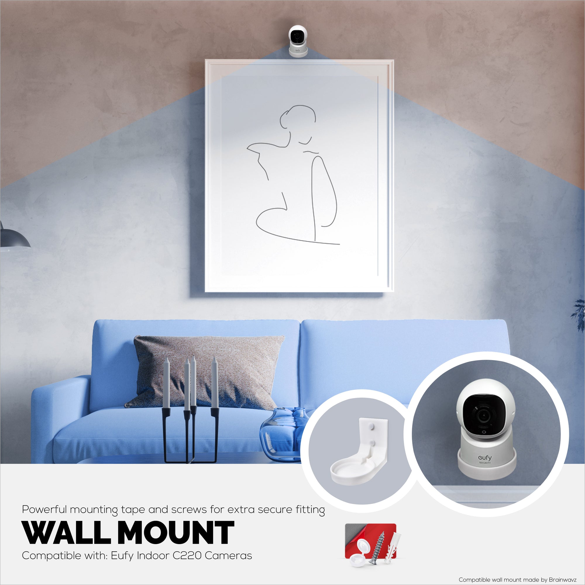Wall Mount for Eufy Indoor C220 &amp; E30 Security Cameras – Easy Install Custom Fit Bracket with 3M VHB Tape &amp; Screws for Secure Mounting