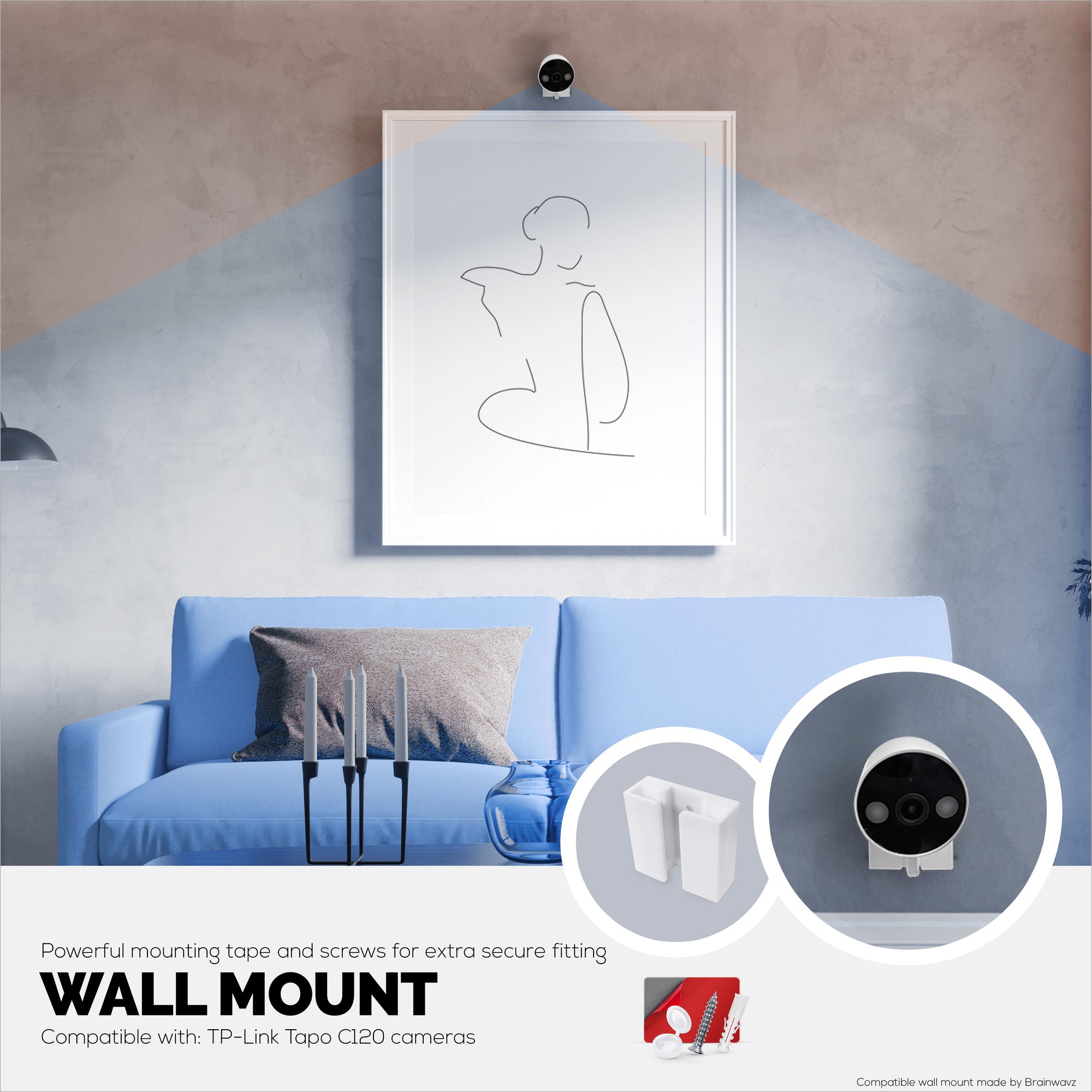 Wall Mount for TP-Link Tapo C120 Camera  – Easy Install Custom Fit Bracket with 3M VHB Tape &amp; Screws for Secure Mounting