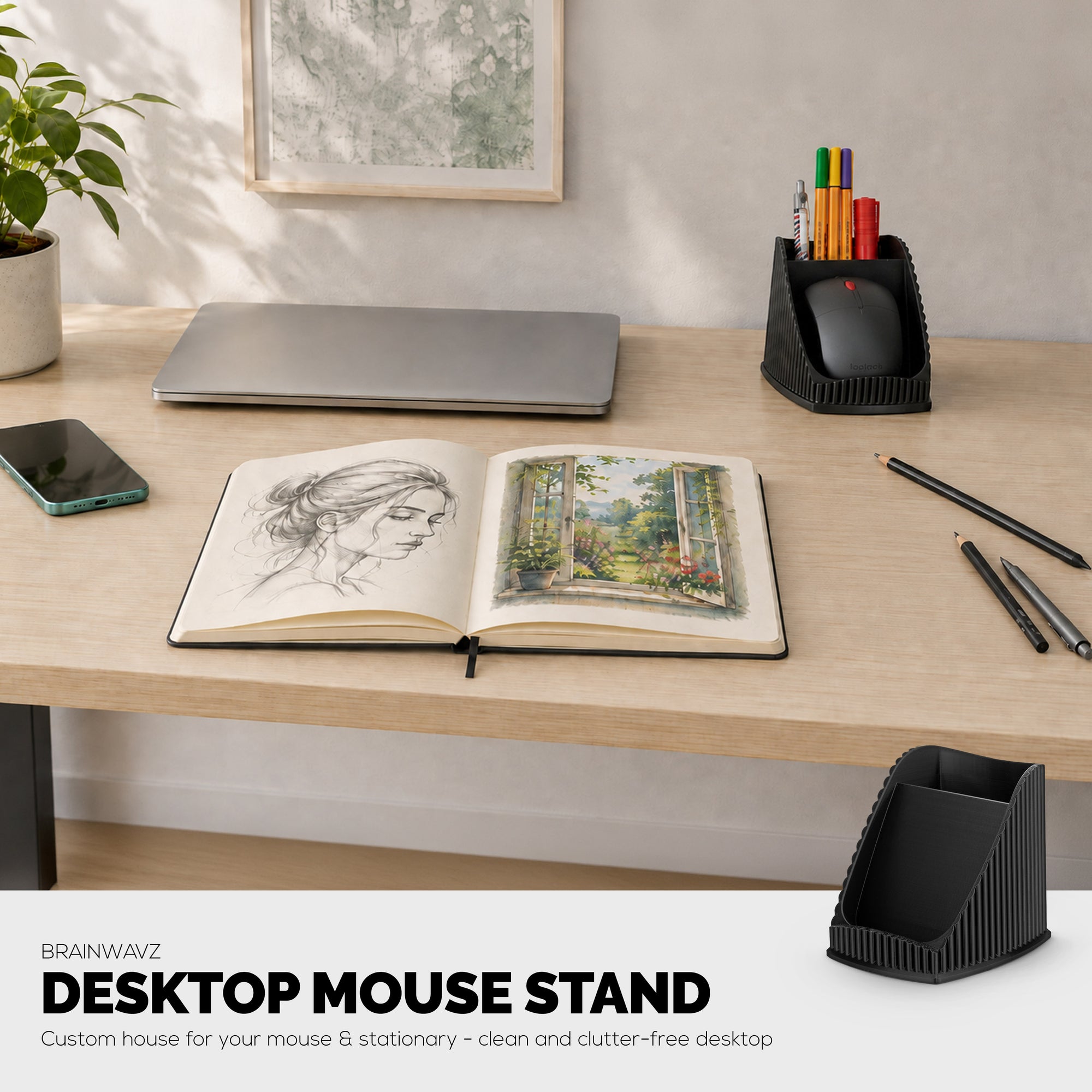 Desktop PC Mouse Stand Holder with Stationary Pen Holder, For Gaming &amp; Office Mice From Logitech, Razer, Corsair &amp; More