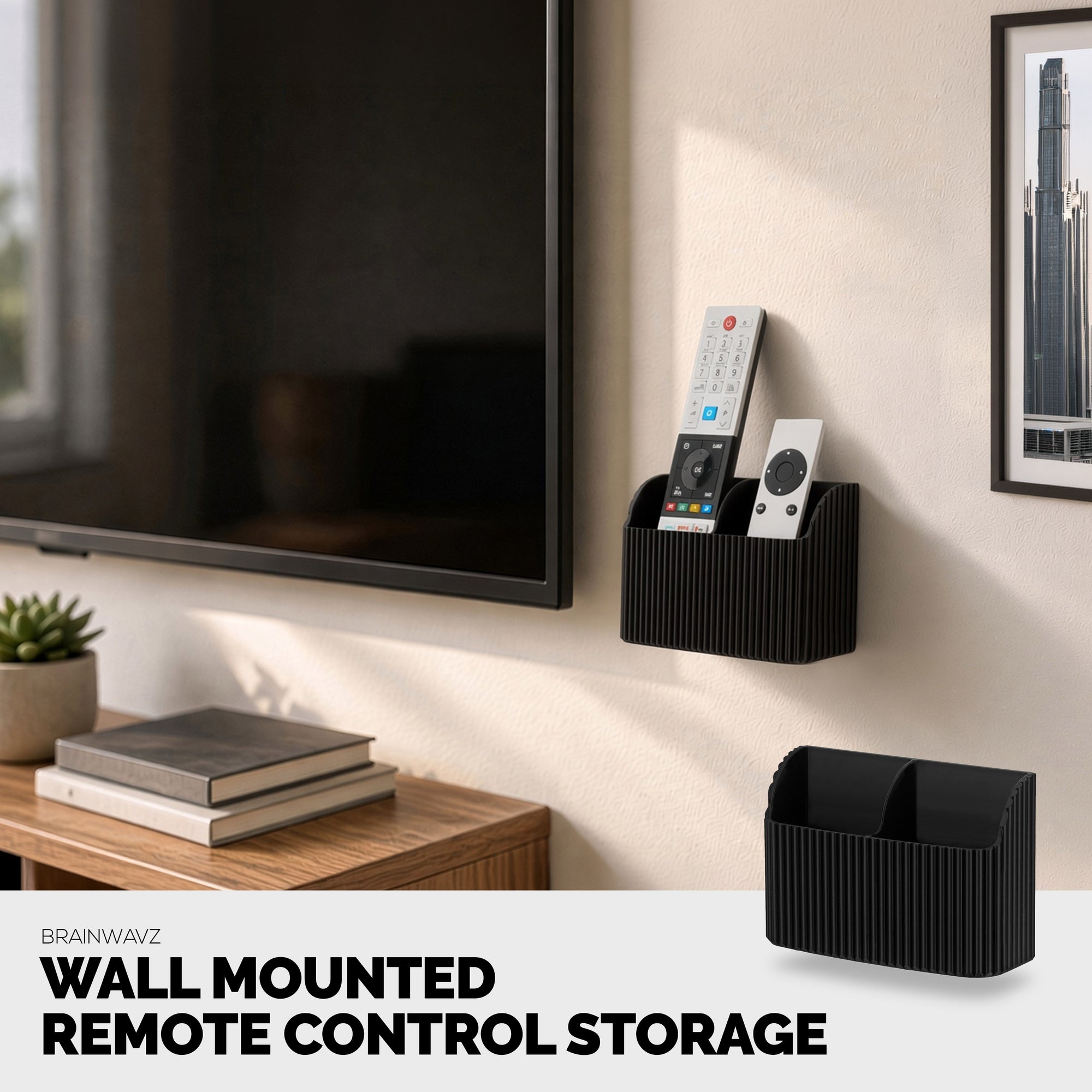 Adhesive Remote Control Wall Mount Holder, Stylish Fluted Design, Easy To Install, For TV, Air Con, Lighting Remotes &amp; Storage for Stationary, Pens &amp; More