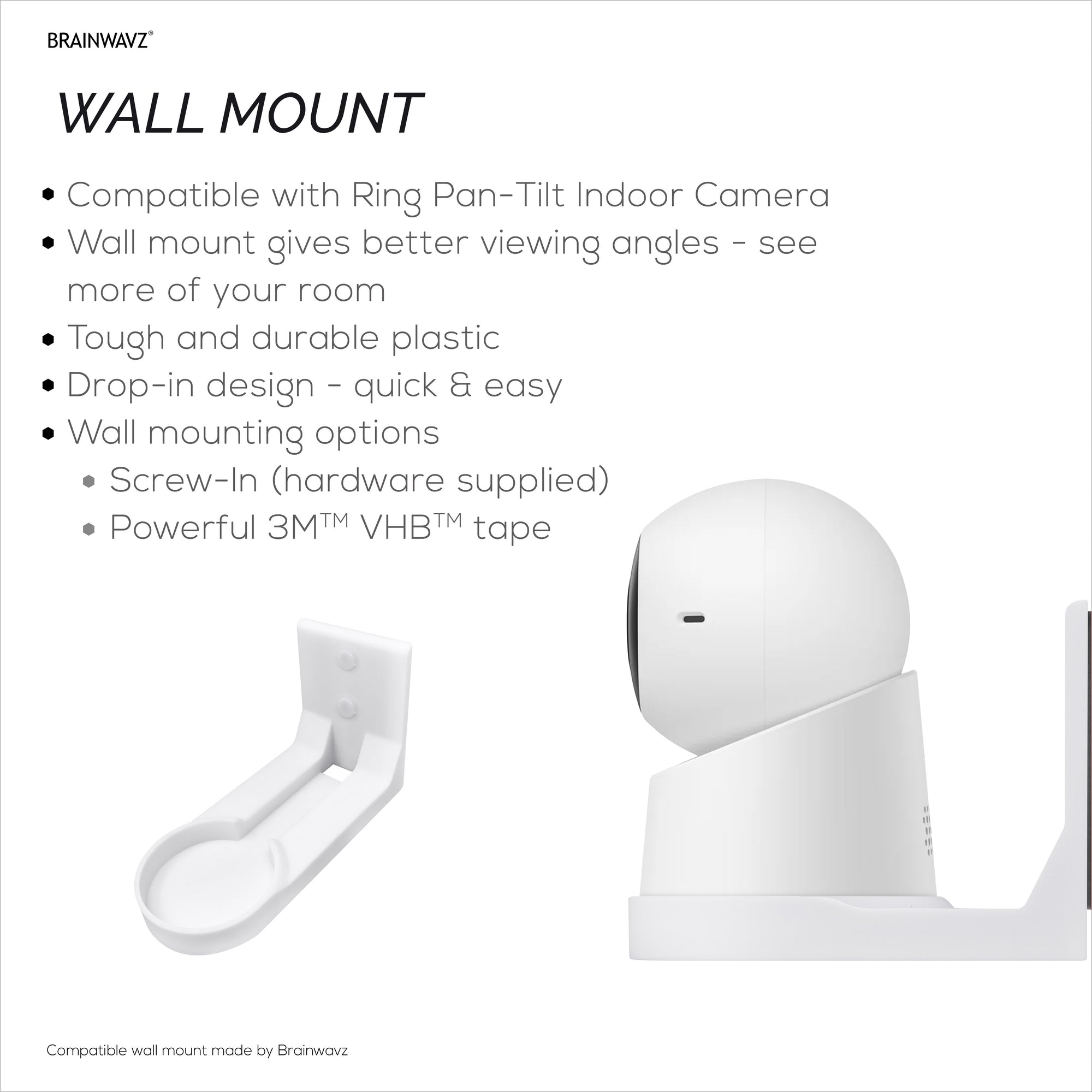 Wall Mount for Ring Pan-Tilt Indoor Camera – Easy Install Custom Fit Bracket with 3M VHB Tape &amp; Screws for Secure Mounting – Better Viewpoint &amp; Stability