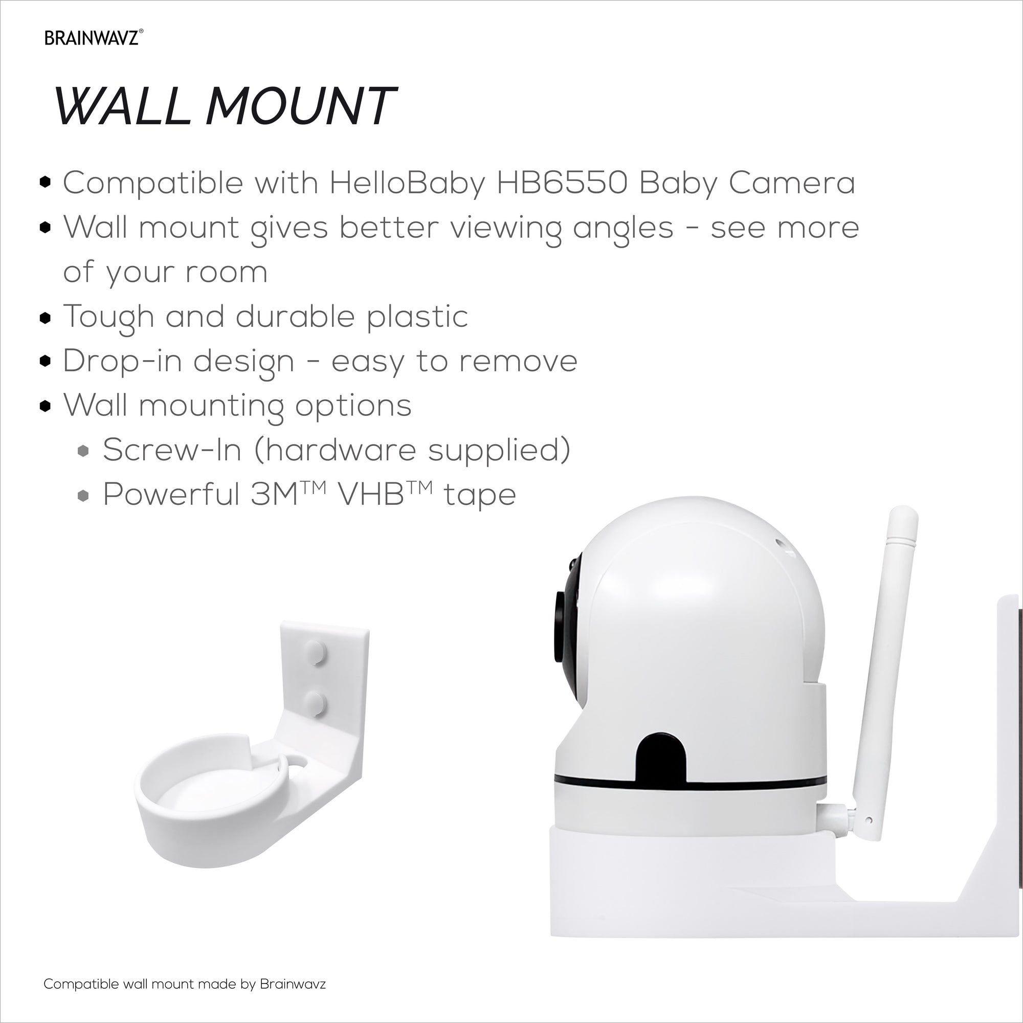 Wall Mount for HelloBaby HB6550 Baby Camera  – Easy Install Custom Fit Bracket with 3M VHB Tape &amp; Screws for Secure Mounting
