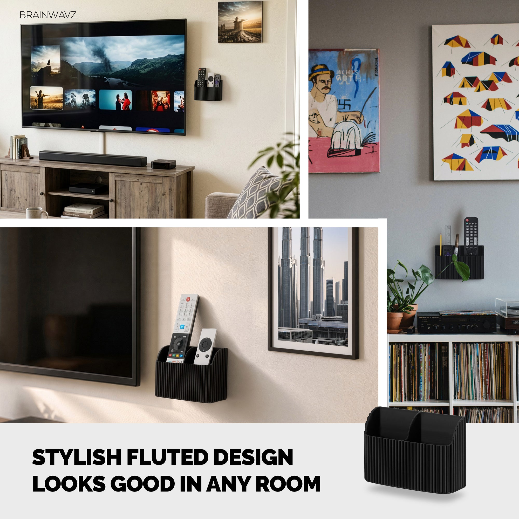 Adhesive Remote Control Wall Mount Holder, Stylish Fluted Design, Easy To Install, For TV, Air Con, Lighting Remotes &amp; Storage for Stationary, Pens &amp; More