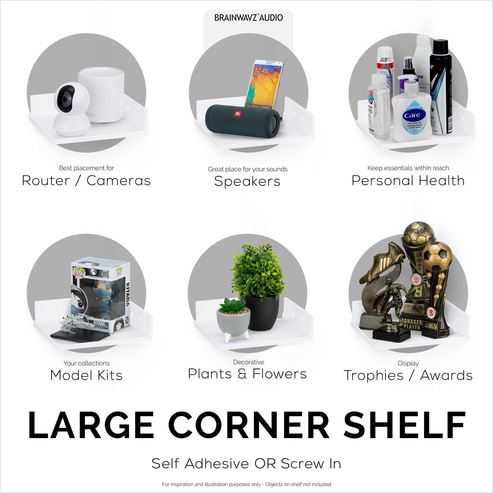 9&quot; Small Corner Shelf Mount,  Adhesive &amp; Screw In, for Speakers, Cameras, Baby Monitors, Plants, Books Electronics, Collectibles &amp; More, Floating Shelves