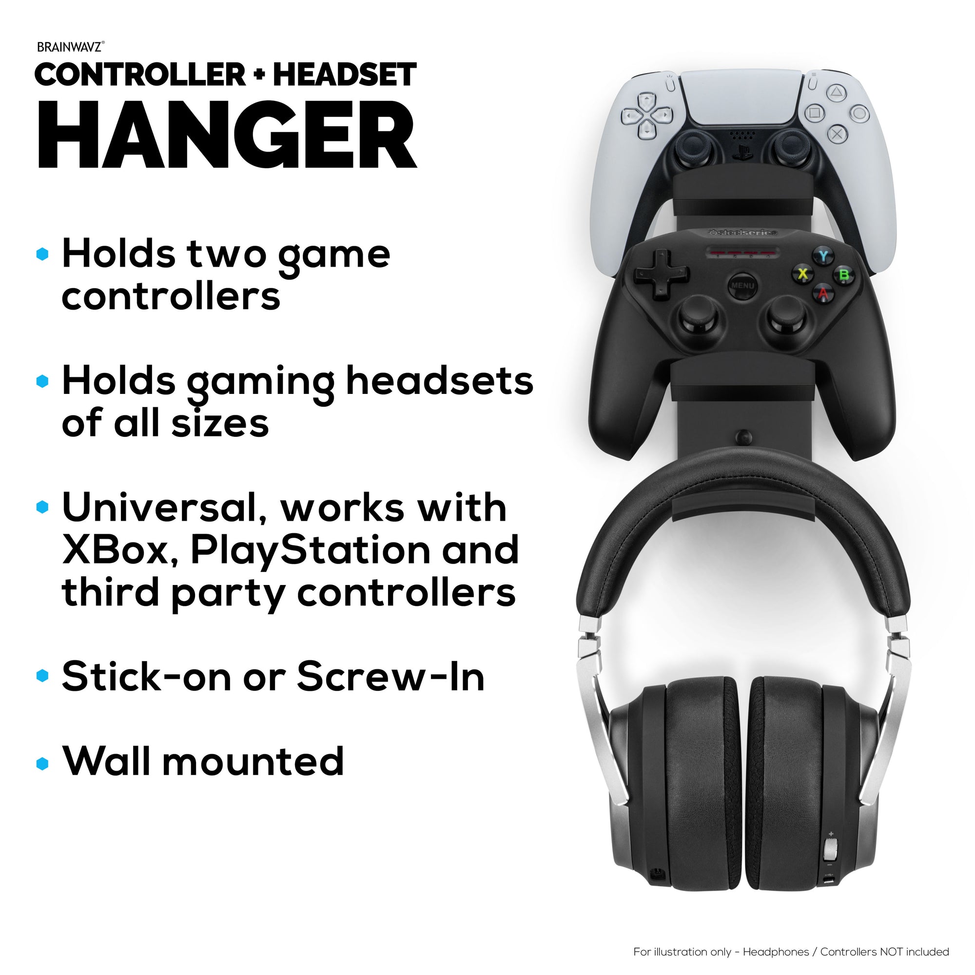 The Behemoth - Dual Game Controller &amp; Headphone Stand Wall Mount Holder - Designed for All Gamepads &amp; Headsets
