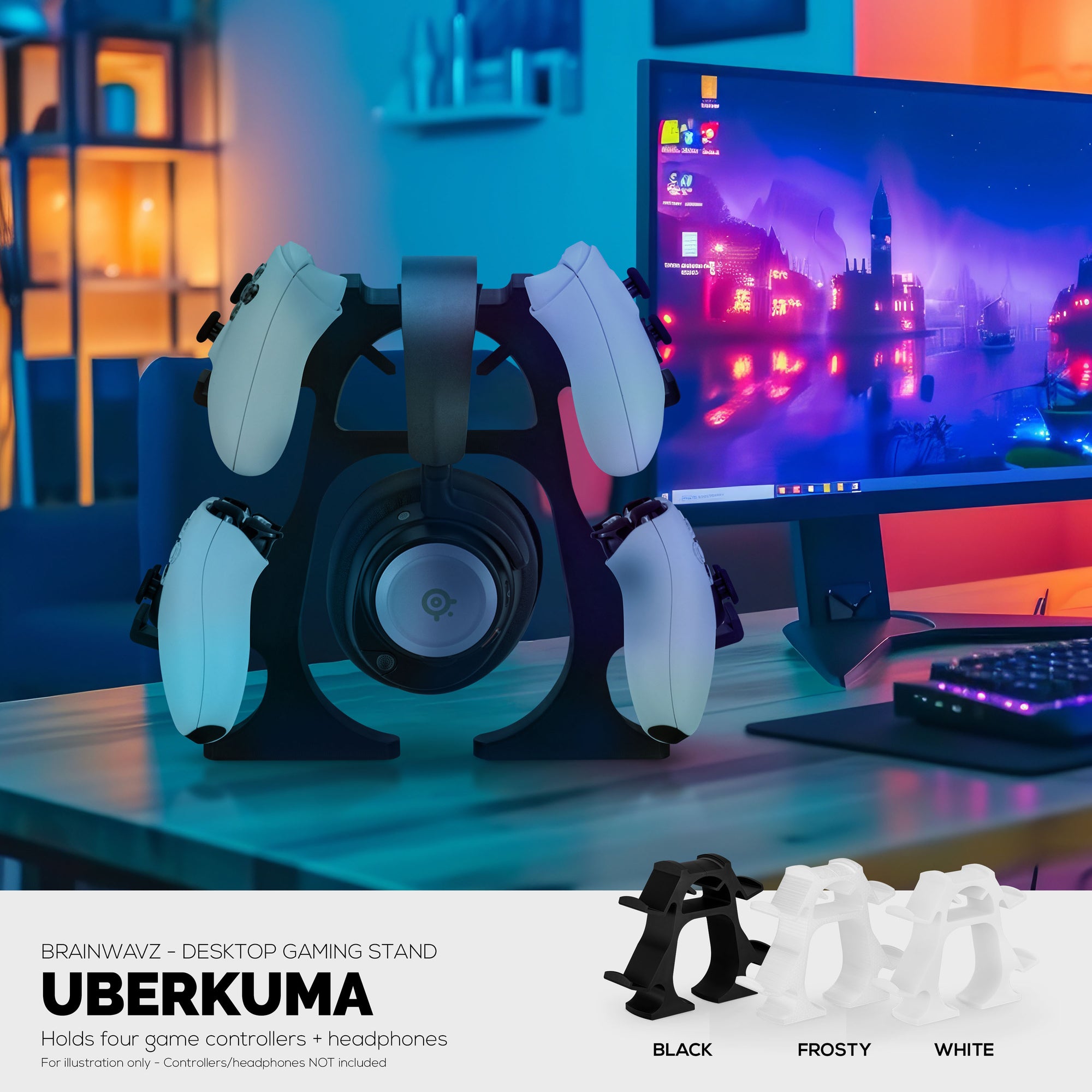 The UberKuma - Quad Controller Holder &amp; Headphone Stand for Desks, Suitable for all Gamepads &amp; Headsets