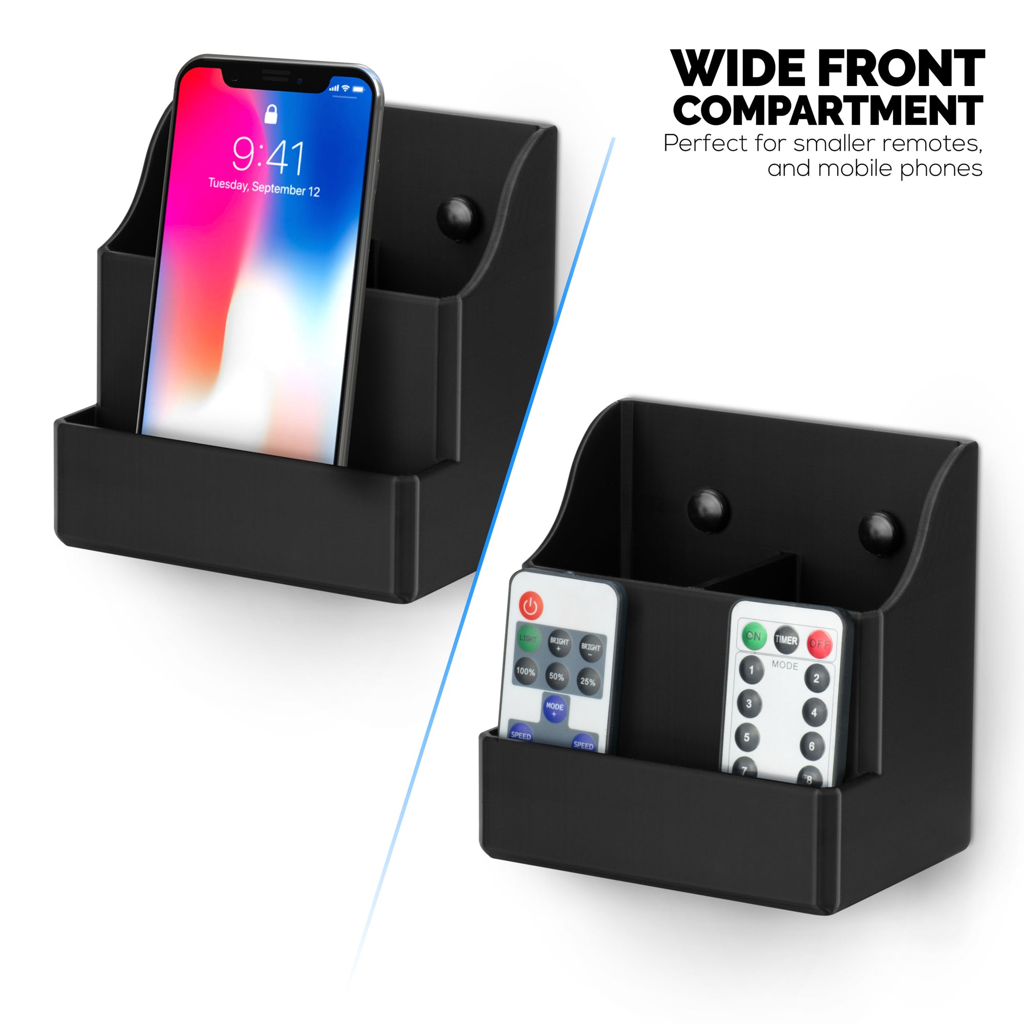 Adhesive Remote Control Wall Mount Holder, Easy To Install, Holds upto 4 Remotes &amp; Storage for Phones, Pens &amp; More