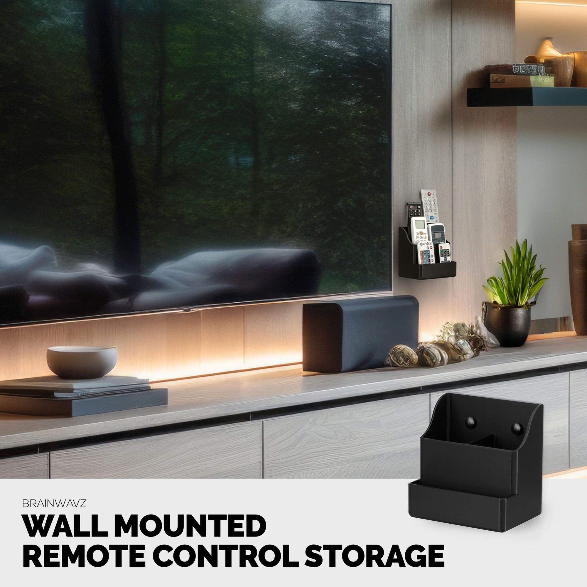 Adhesive Remote Control Wall Mount Holder, Easy To Install, Holds upto 4 Remotes &amp; Storage for Phones, Pens &amp; More