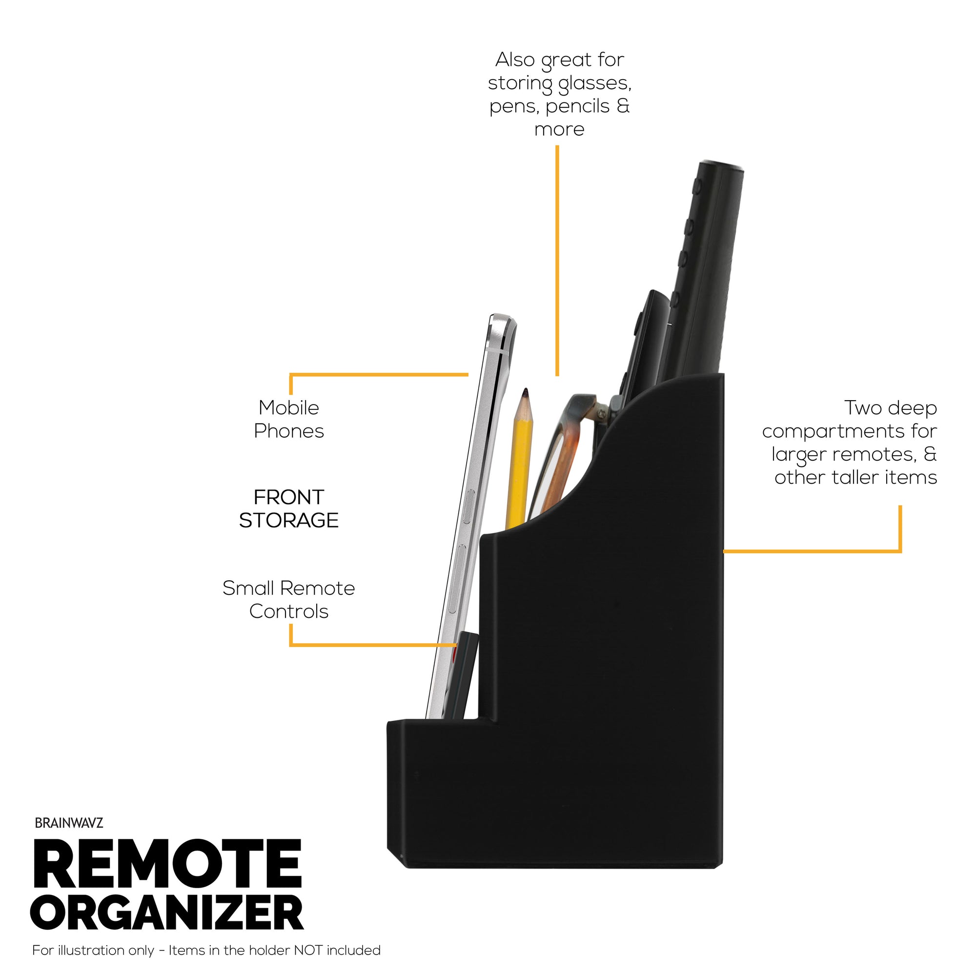 Adhesive Remote Control Wall Mount Holder, Easy To Install, Holds upto 4 Remotes &amp; Storage for Phones, Pens &amp; More