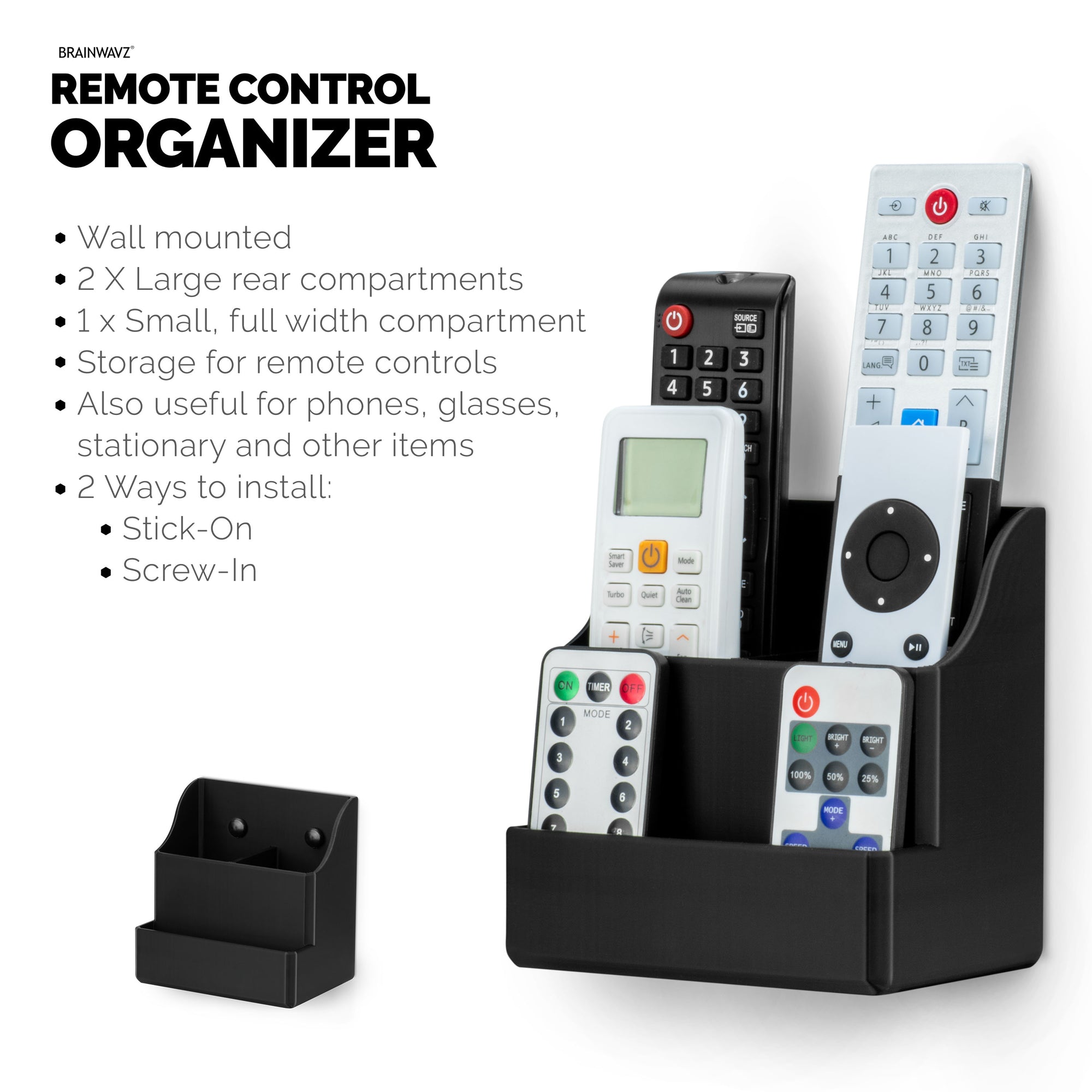 Adhesive Remote Control Wall Mount Holder, Easy To Install, Holds upto 4 Remotes &amp; Storage for Phones, Pens &amp; More