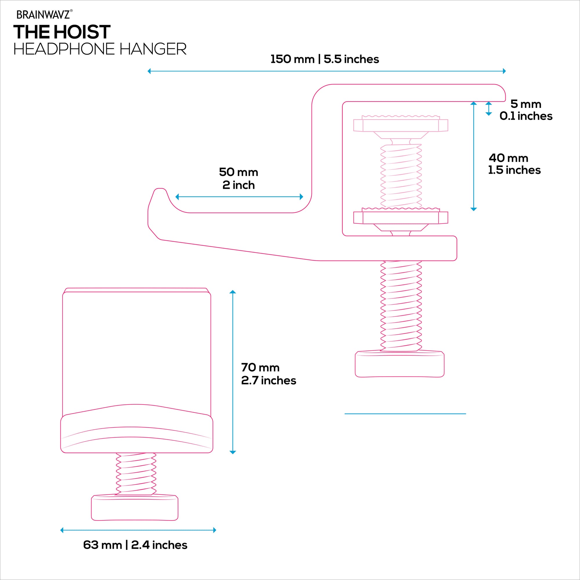 Brainwavz Hoist - Headphone Hanger Stand with Adjustable Clamp, Screws On To Desks &amp; Shelves