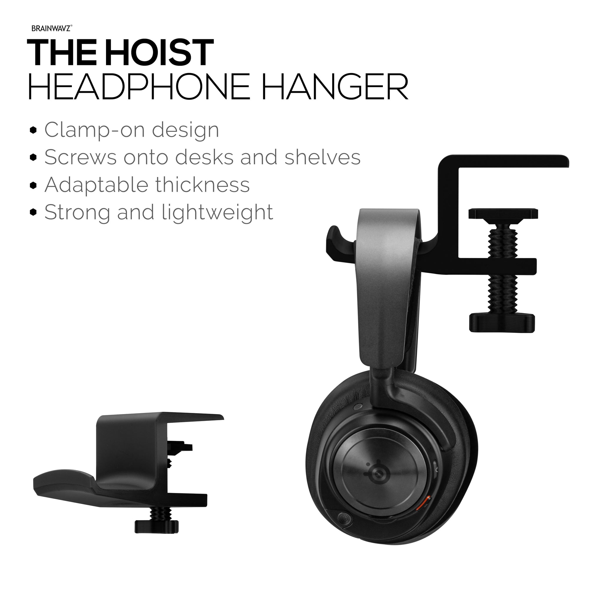 Brainwavz Hoist - Headphone Hanger Stand with Adjustable Clamp, Screws On To Desks &amp; Shelves