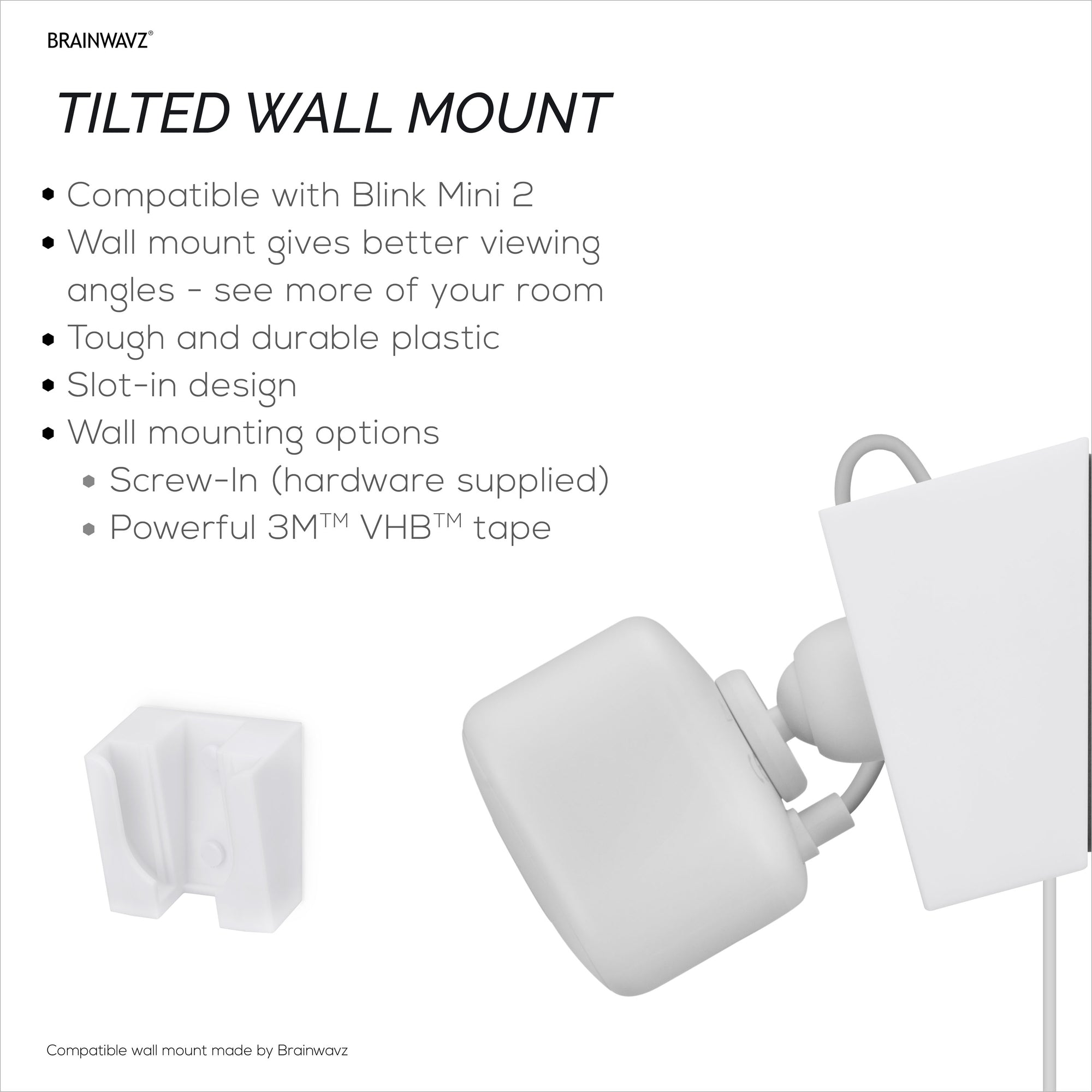 Screwless Wall Mount for Blink Mini 2, Easy To Install Holder, Angled for Better Views, Screw In Option