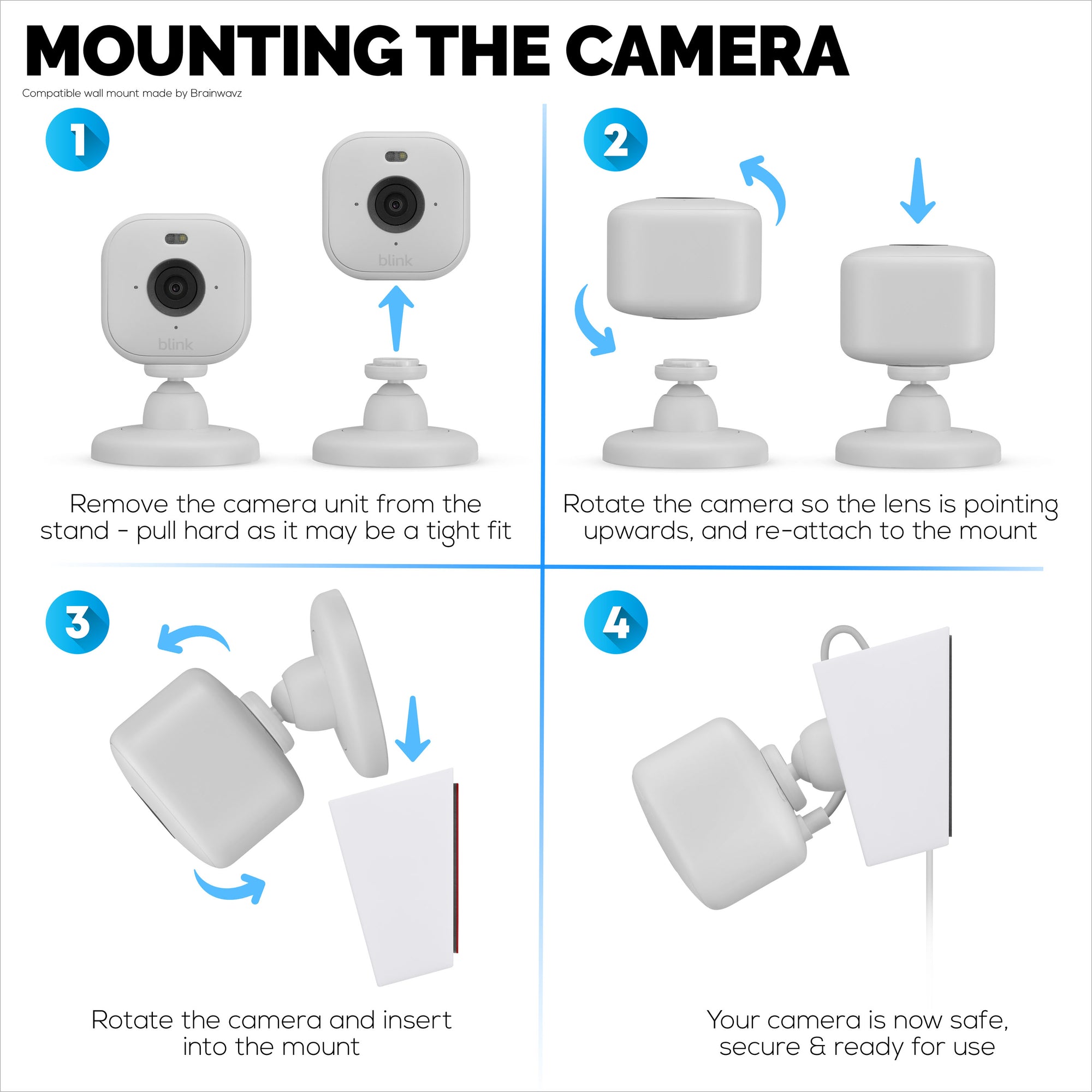 Screwless Wall Mount for Blink Mini 2, Easy To Install Holder, Angled for Better Views, Screw In Option