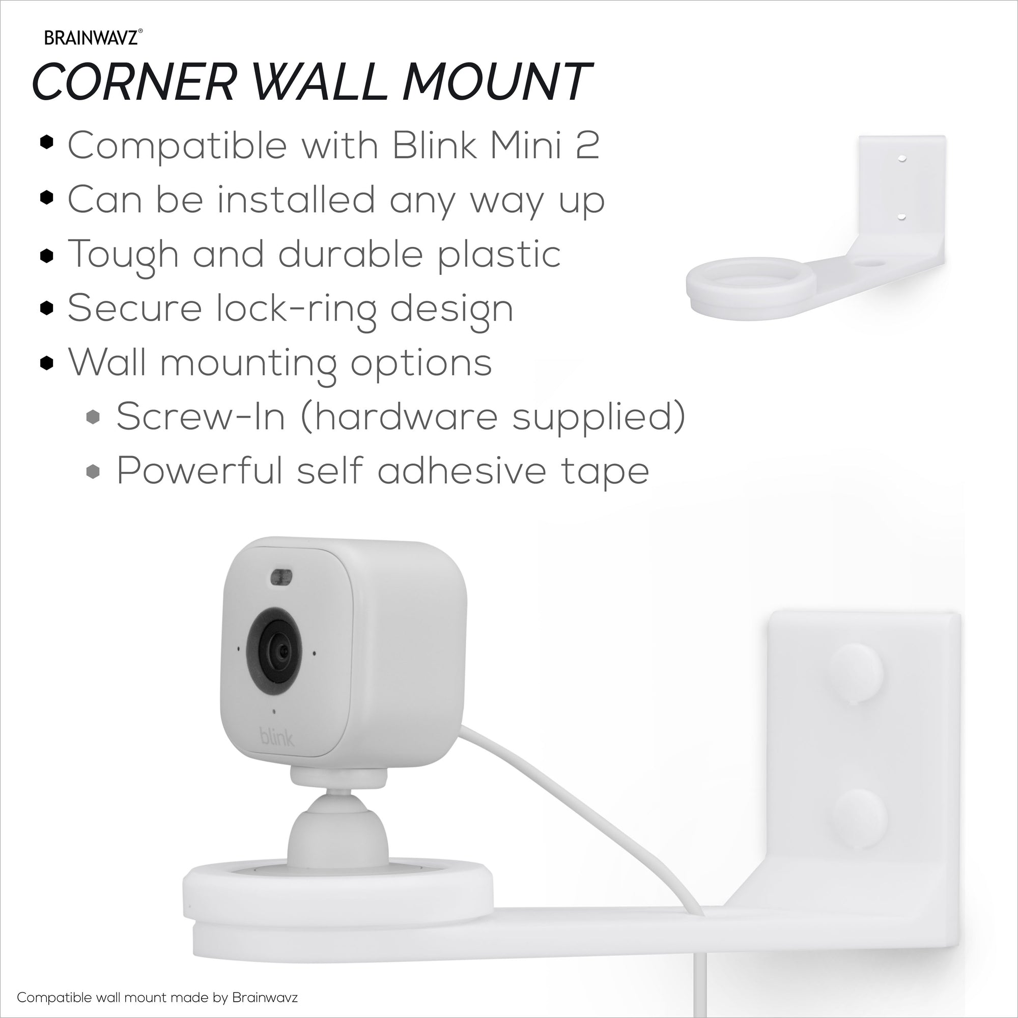 Screwless Corner Mount for Blink Mini 2 Camera, Better Viewing Angles &amp; Reduce Blind Spots, Easy To Install Wall Holder, Adhesive &amp; Screw