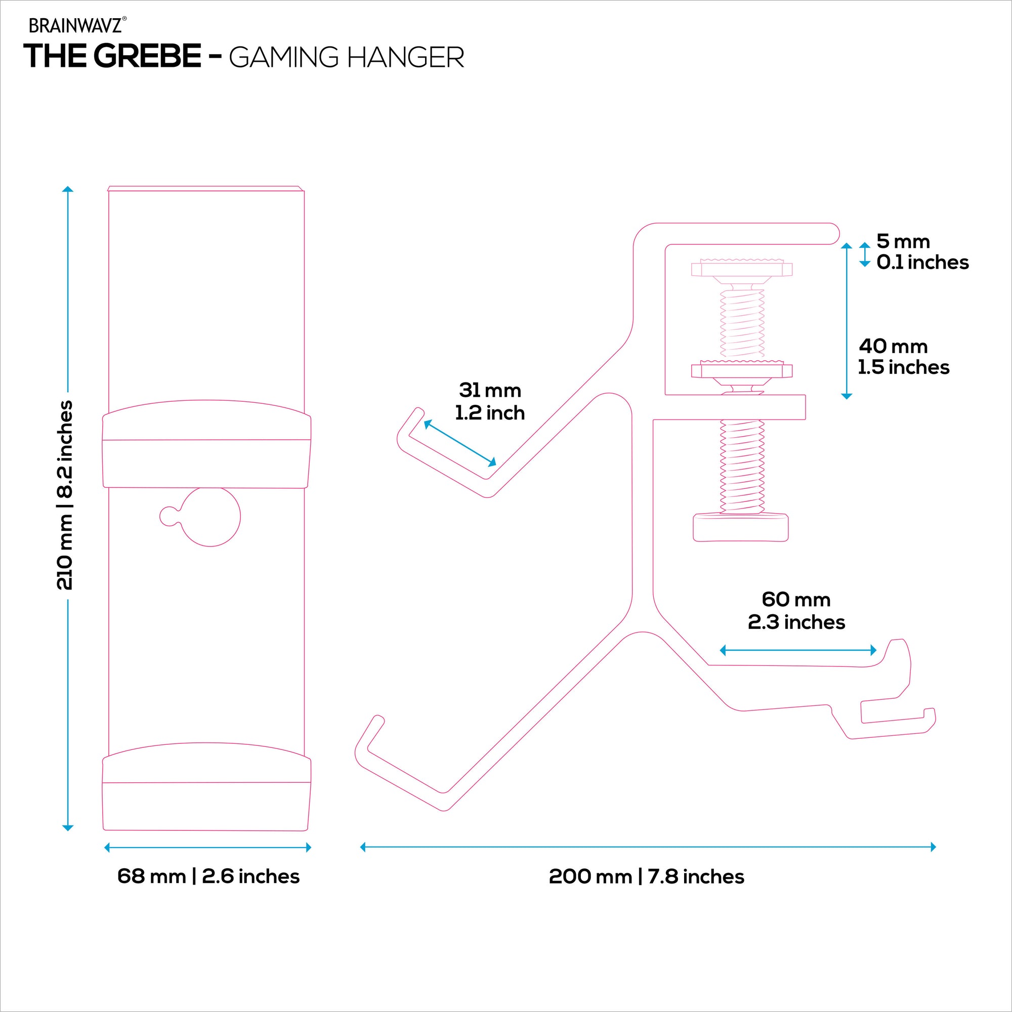 The Grebe - Headphone &amp; Dual Game Controller Holder - Attaches to Side of Desk, Under Desk Headset Holder, Suitable for All Headphones &amp; Gamepads