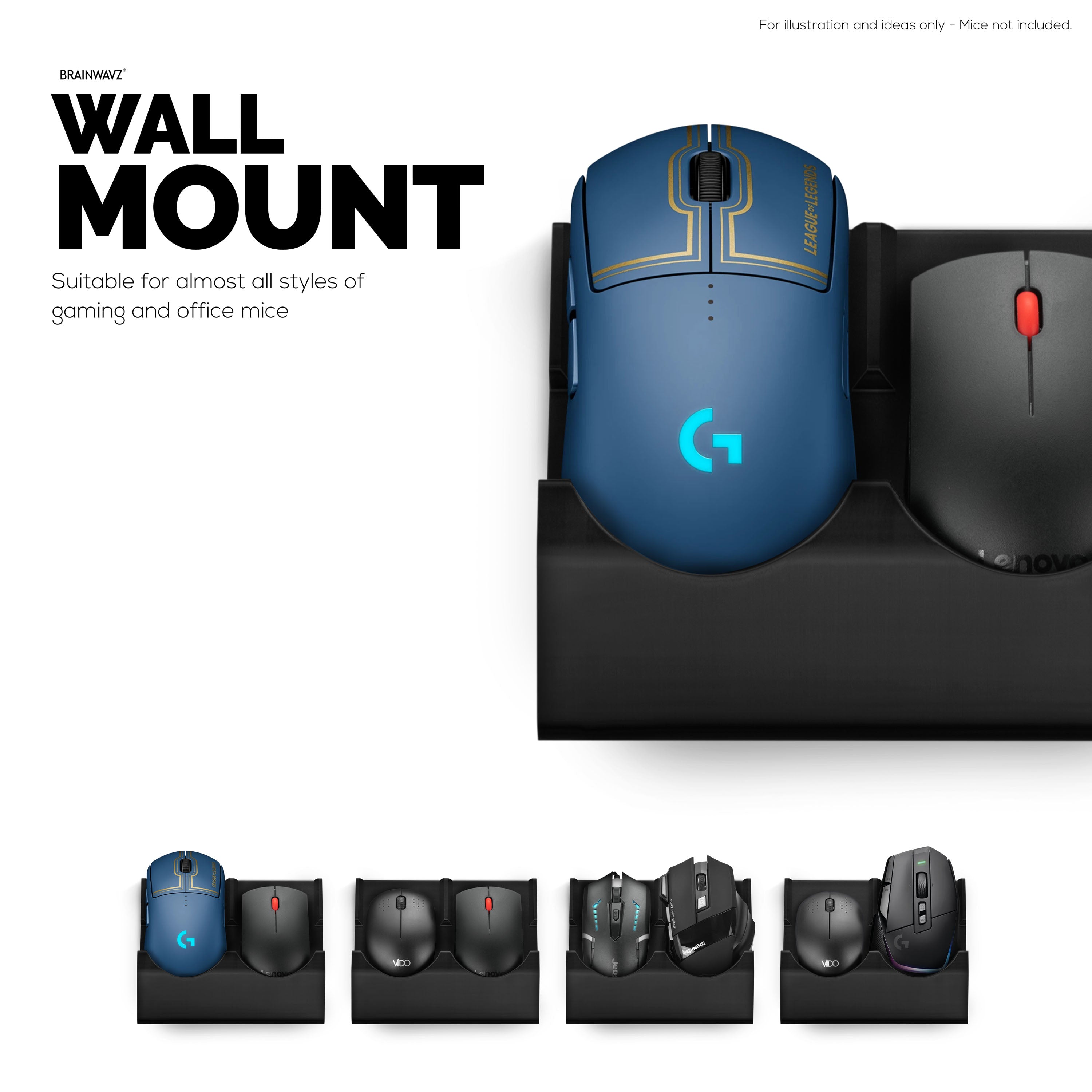 Wall Mount Dual Mouse Holder Display Stand - Holds Gaming & Most Size ...
