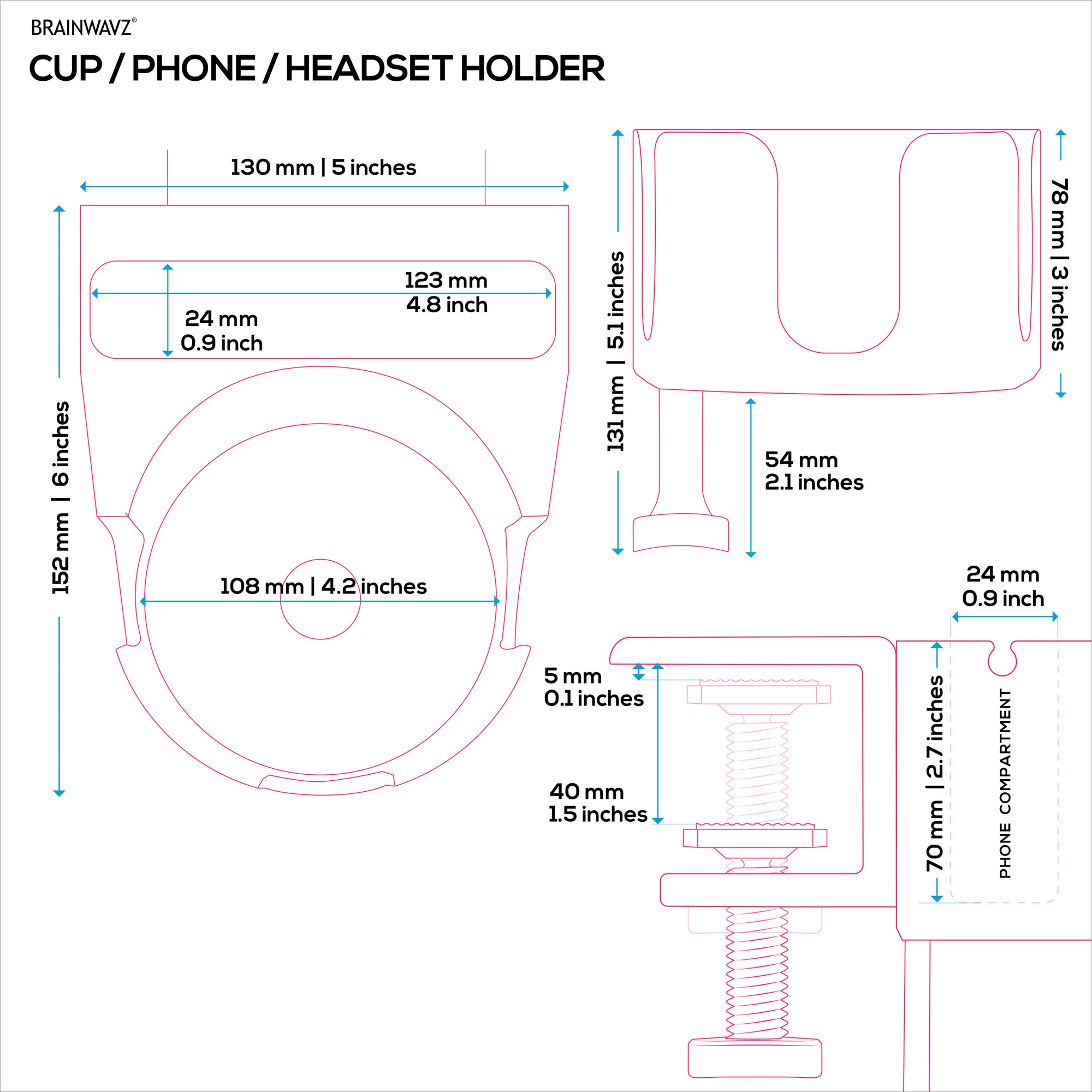 Desk Cup Holder with Headphone Hanger &amp; Phone, Pen &amp; Stationery Holder - Adjustable Clamp, Installs to Desks and Tables, Holds Mugs &amp; Cups up to 10cm in Diameter