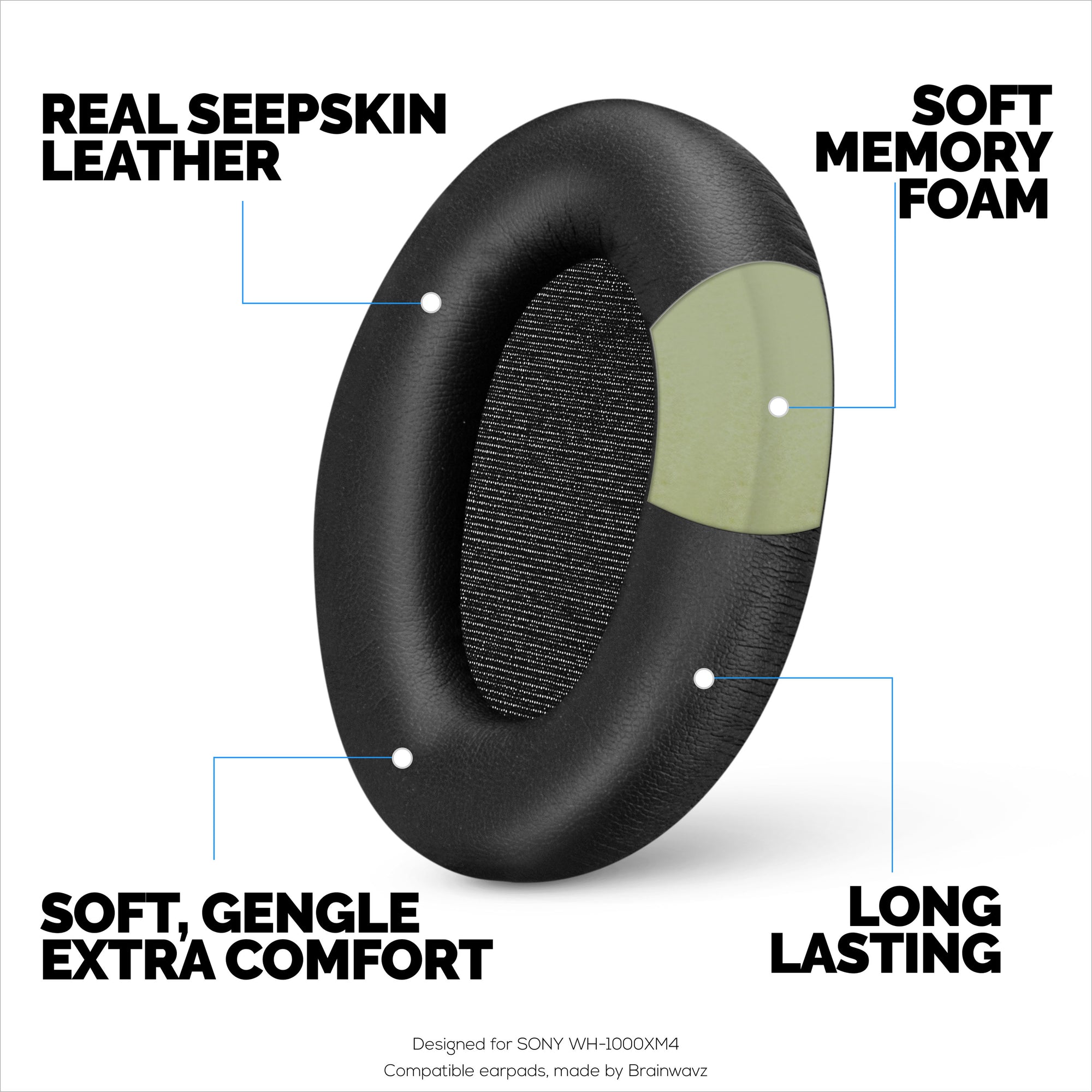 Sheepskin Earpads for Sony WH-1000XM4 Headphones, Soft Real Leather, Memory Foam Extra Comfort, Durable &amp; Long Lasting