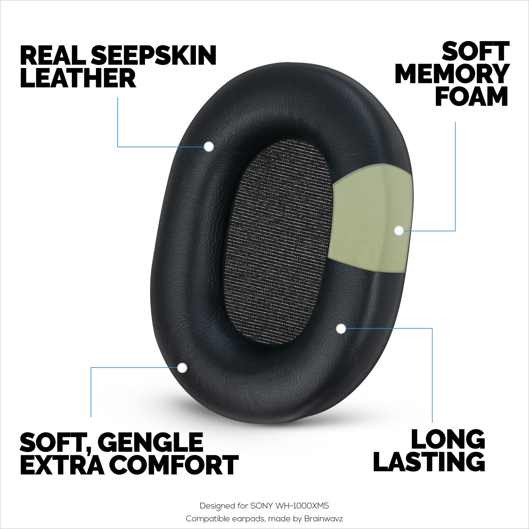 Sheepskin Earpads for Sony WH-1000XM5 Headphones, Soft Real Leather, Memory Foam Extra Comfort, Durable &amp; Long Lasting Ear Cushions