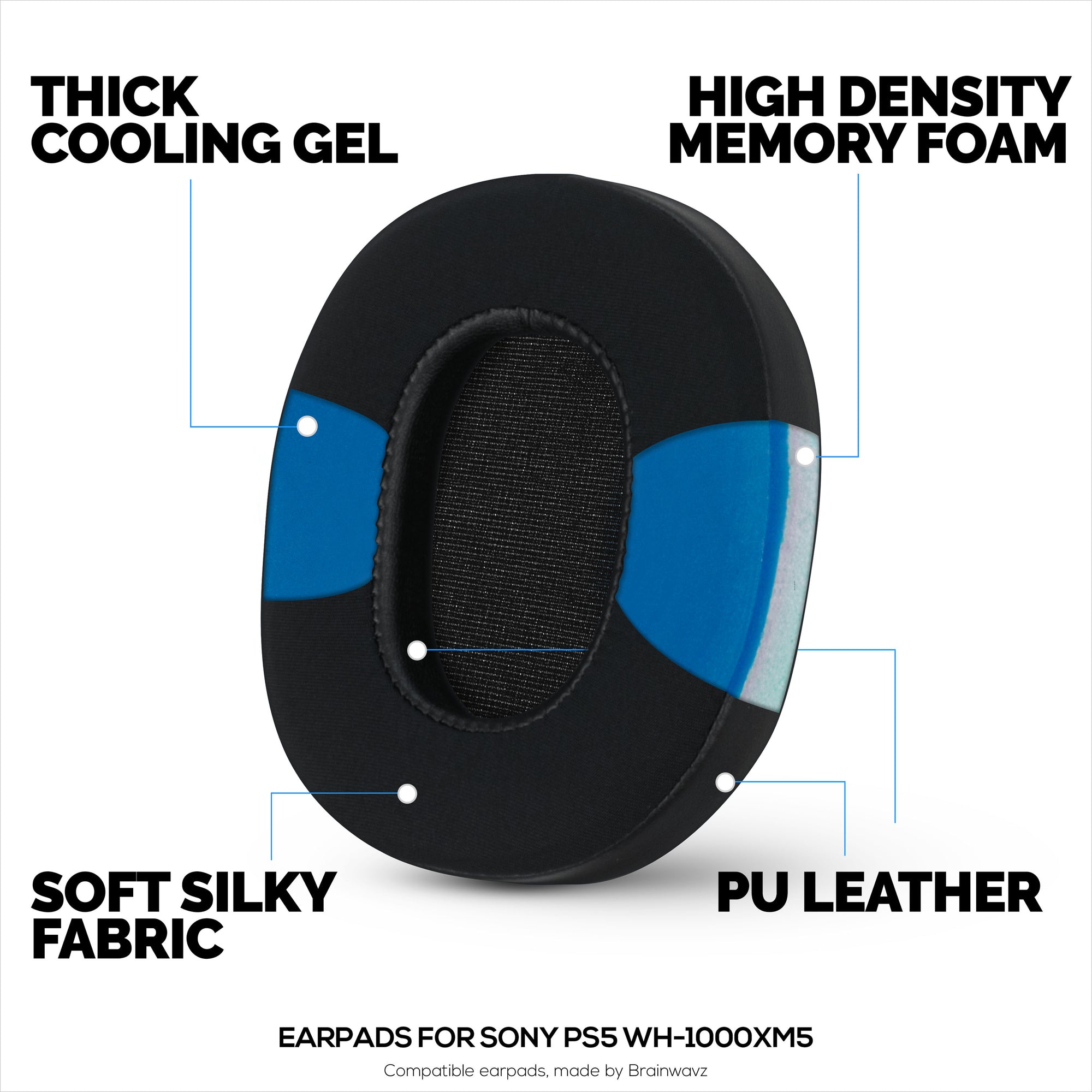 Hybrid Gel Earpads for Sony WH-1000XM5 Headphones, Cool Gel, Super Soft Fabric, PU Leather &amp; Thicker Memory Foam